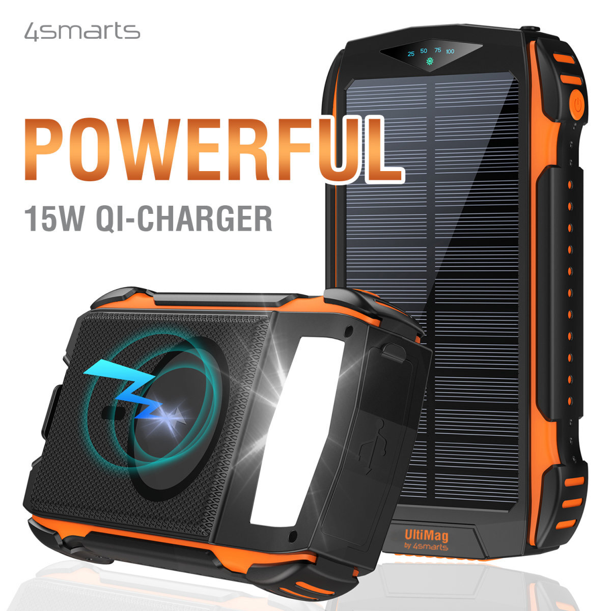 Schwarzes und oranges Solar-Ladegerät mit Lautsprecher. Aufschrift: Powerful und 15W Qi-Charger.