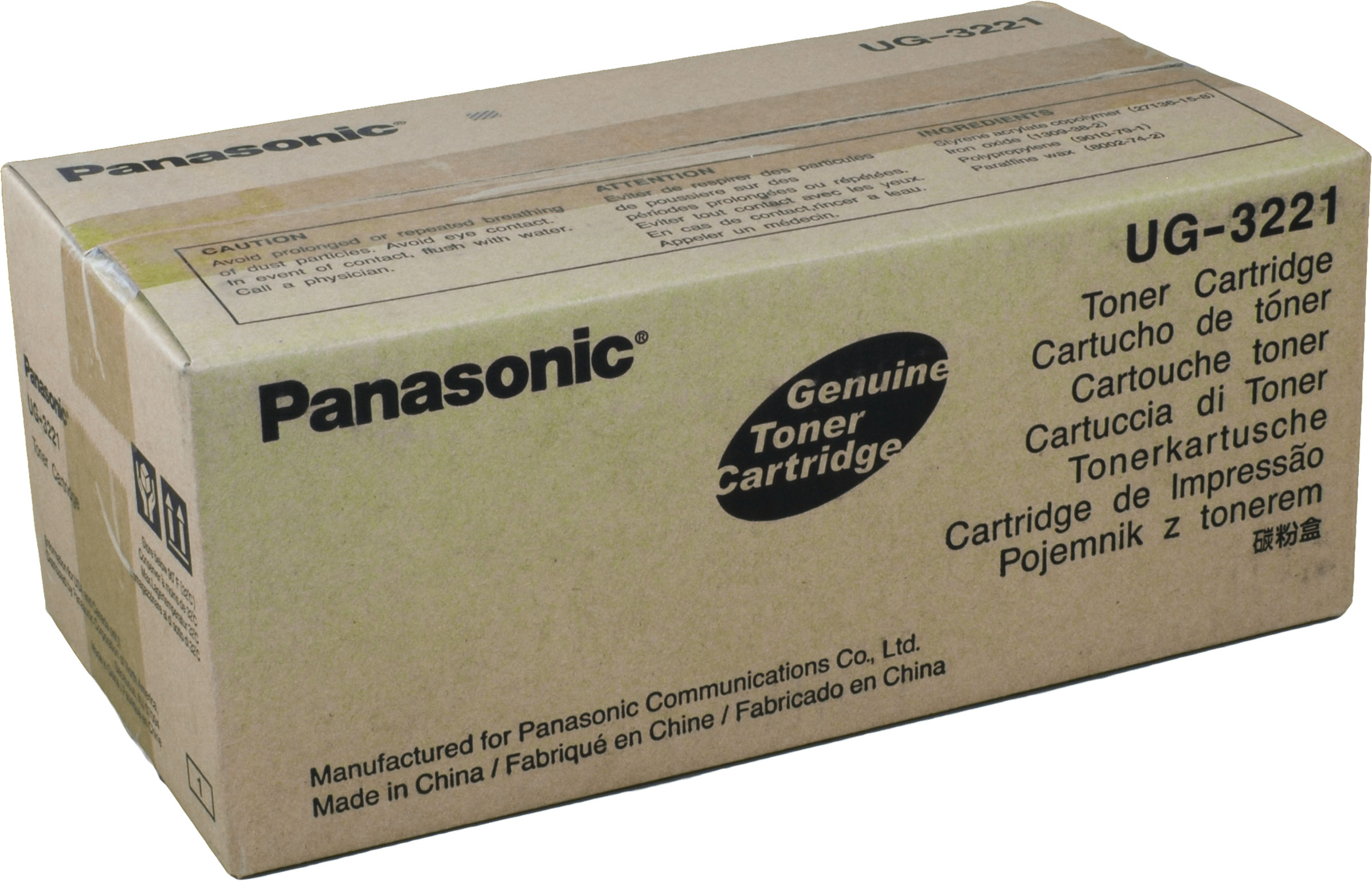 Caja de cartucho de tóner Panasonic UG-3221. Texto en varios idiomas.