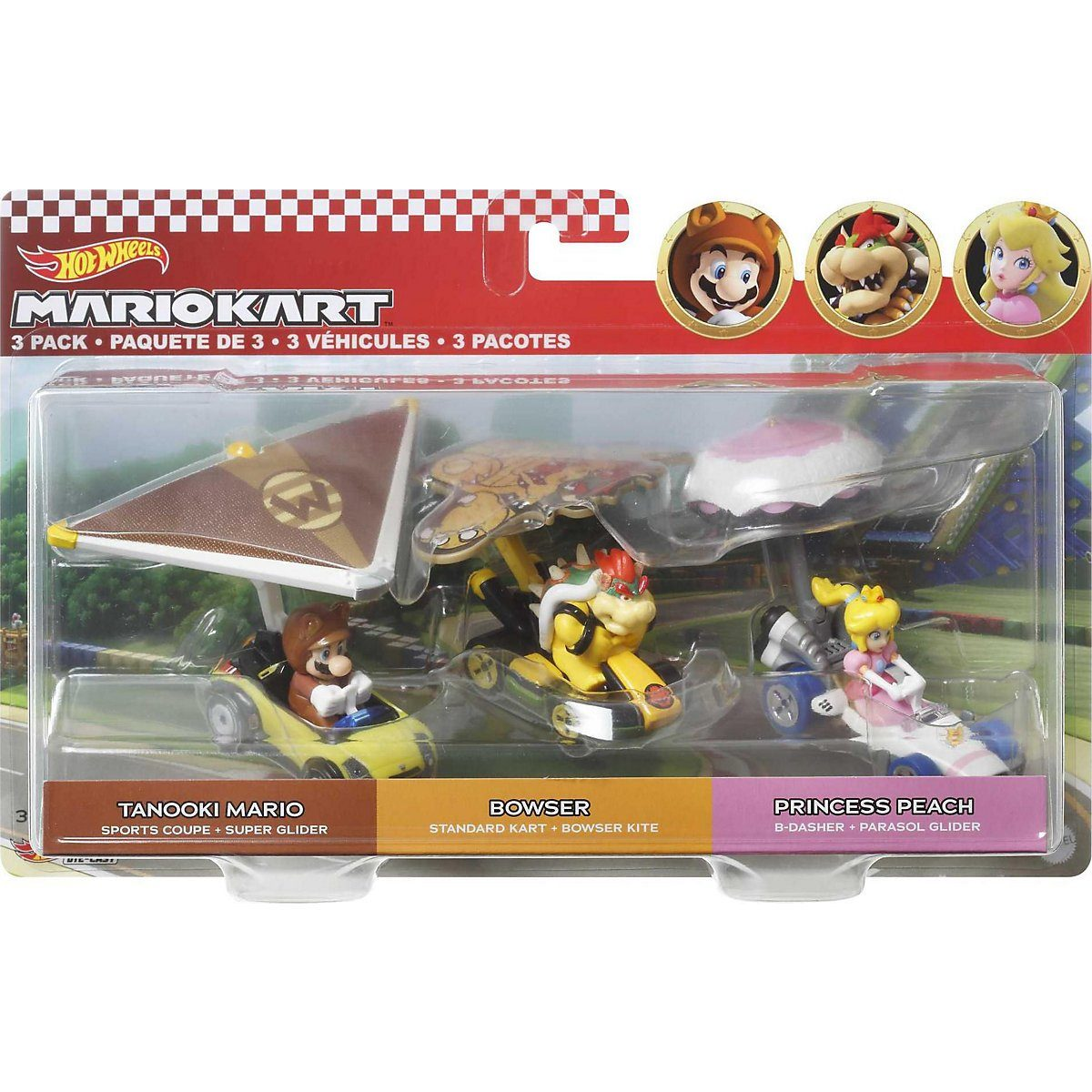 Kart Spielzeugfahrzeuge - mit Hot Figuren, Pack Wheels - Fahrzeuge Mario Mini 3er MATTEL