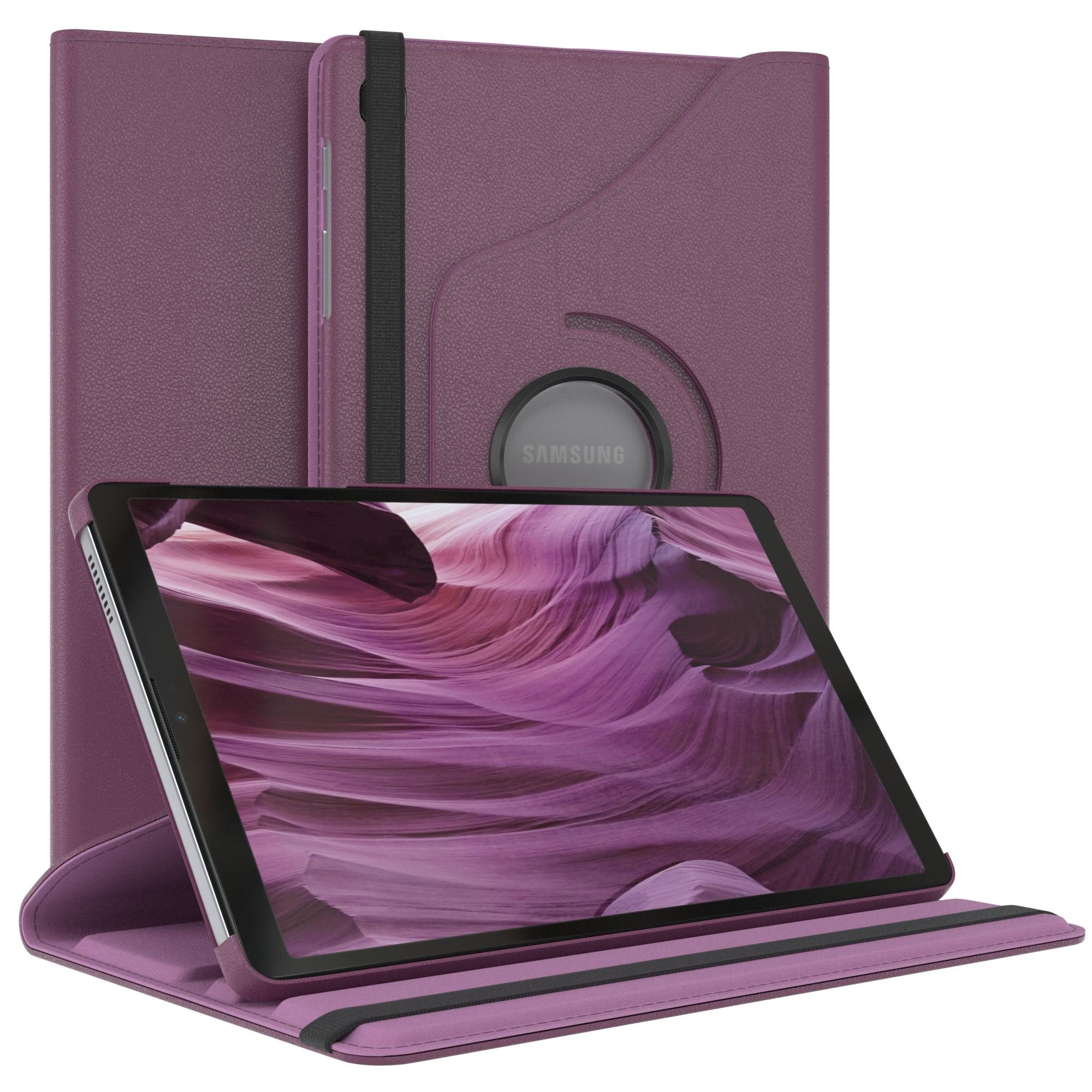 Lila Tablethülle mit Tablet. Die Hülle ist offen und geschlossen gezeigt. Weißer Hintergrund.