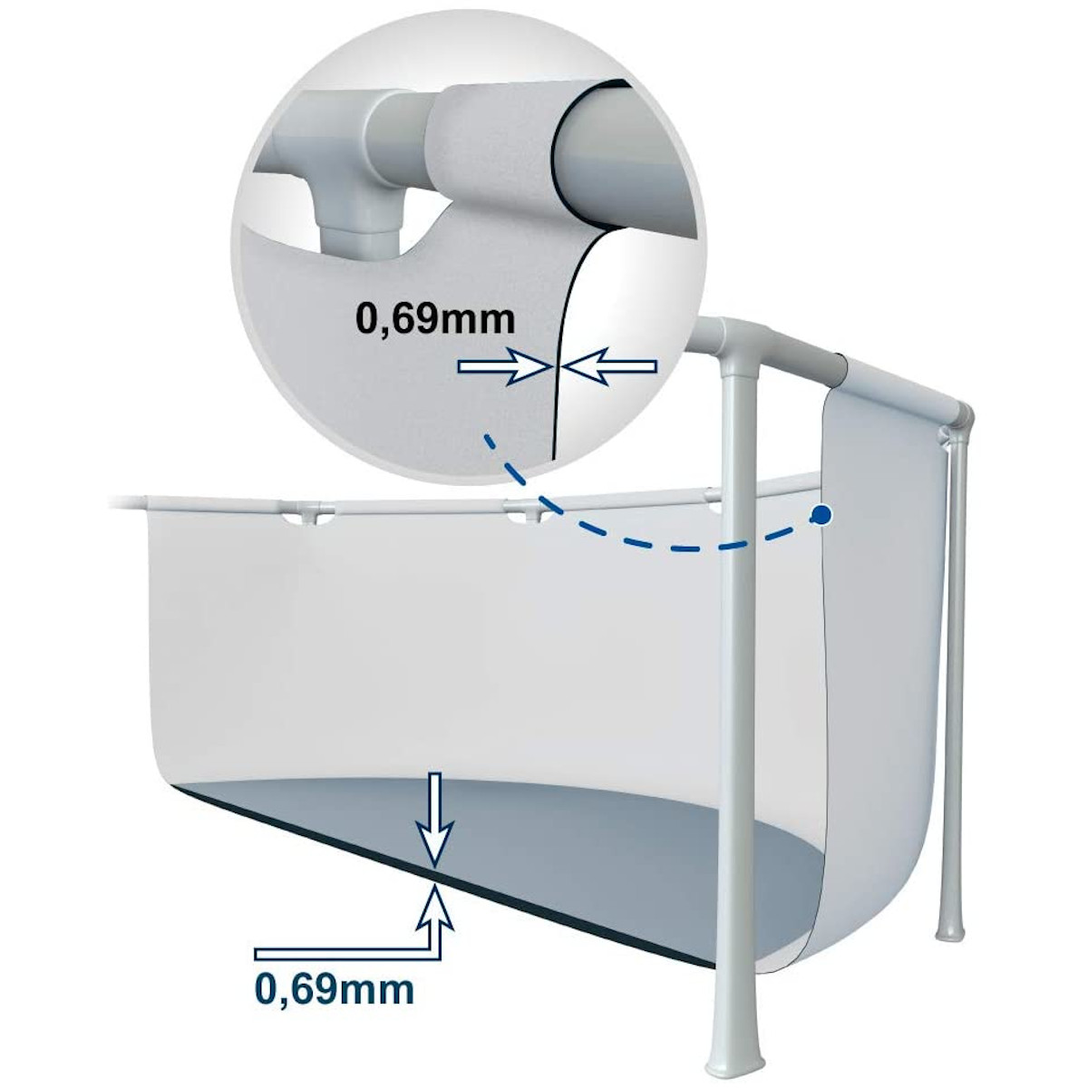 Diagramm eines Poolfilters mit Messungen, einschließlich der 0,69 mm Dicke.