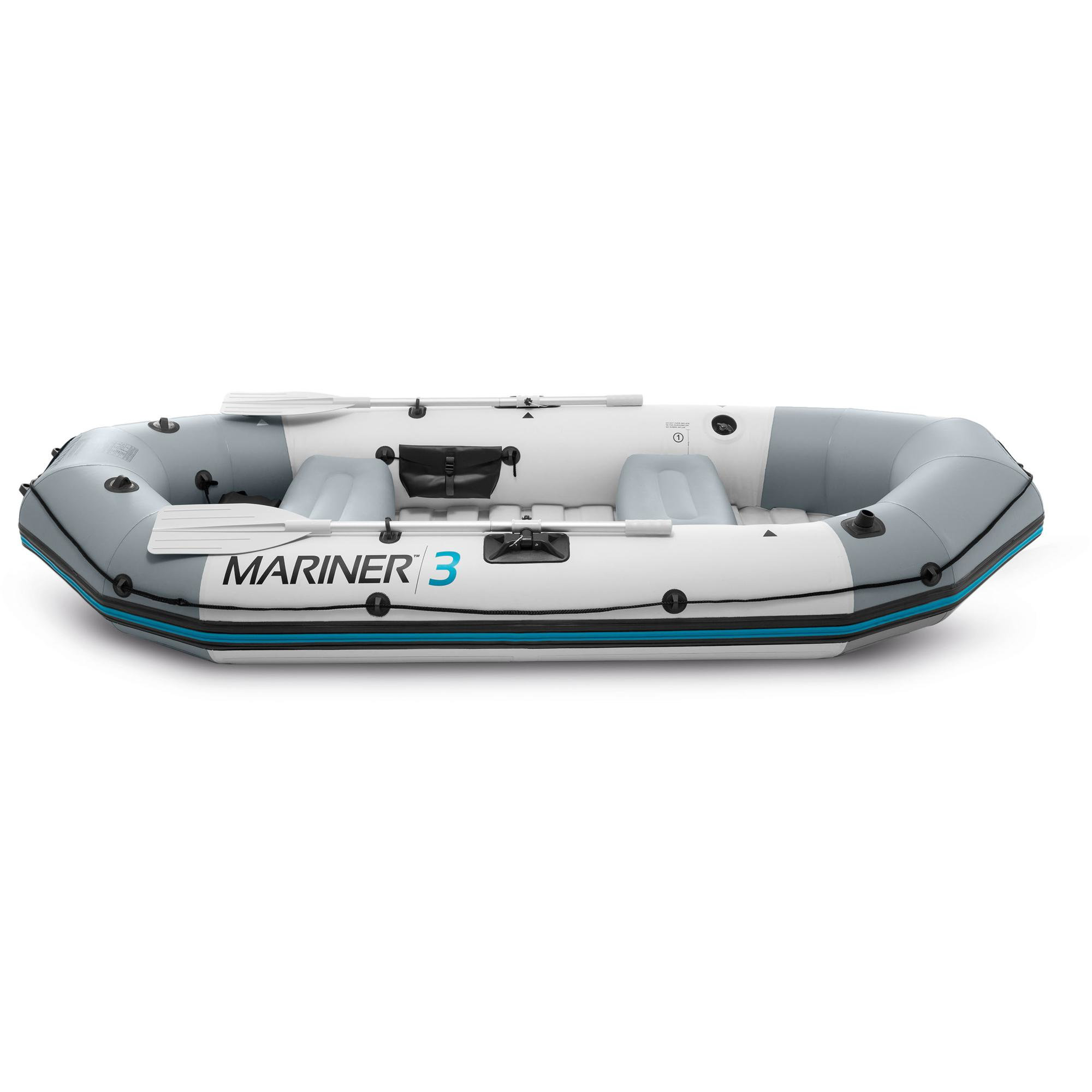 Ein Schlauchboot, weiß und grau mit blauen Akzenten, mit der Aufschrift 'MARINER 3', auf weißem Hintergrund.