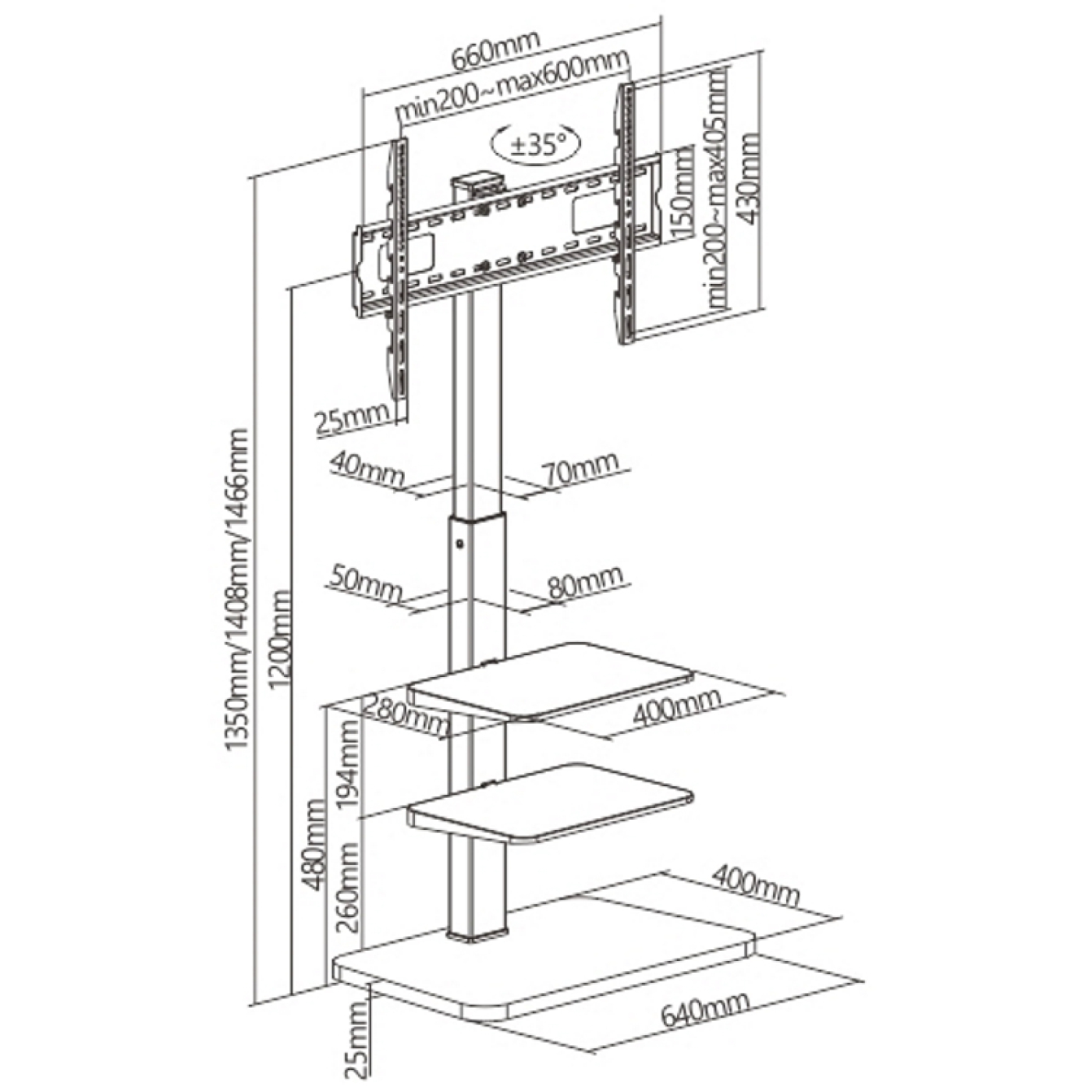 Diagramm eines TV-Ständers mit Abmessungen. Der Ständer hat Regale und eine Halterung für einen Fernseher.