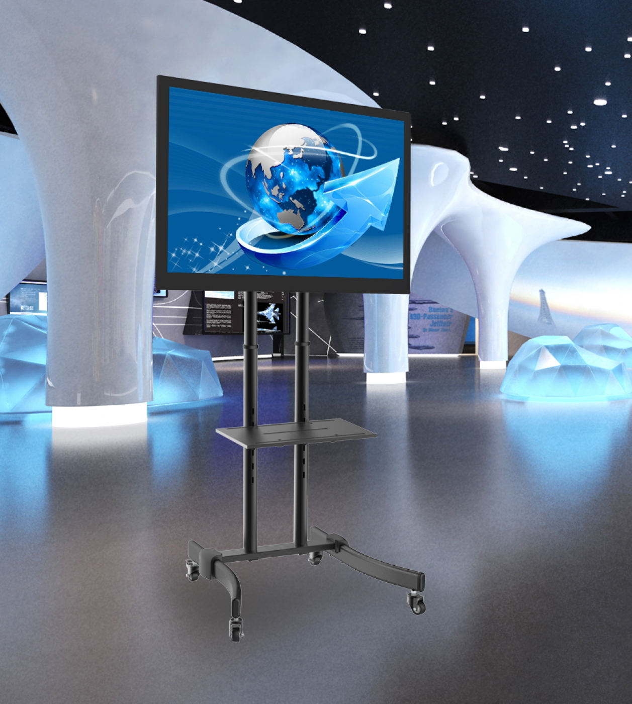 Ein großer Fernsehbildschirm auf einem schwarzen Ständer mit Rädern. Ein futuristischer Hintergrund.