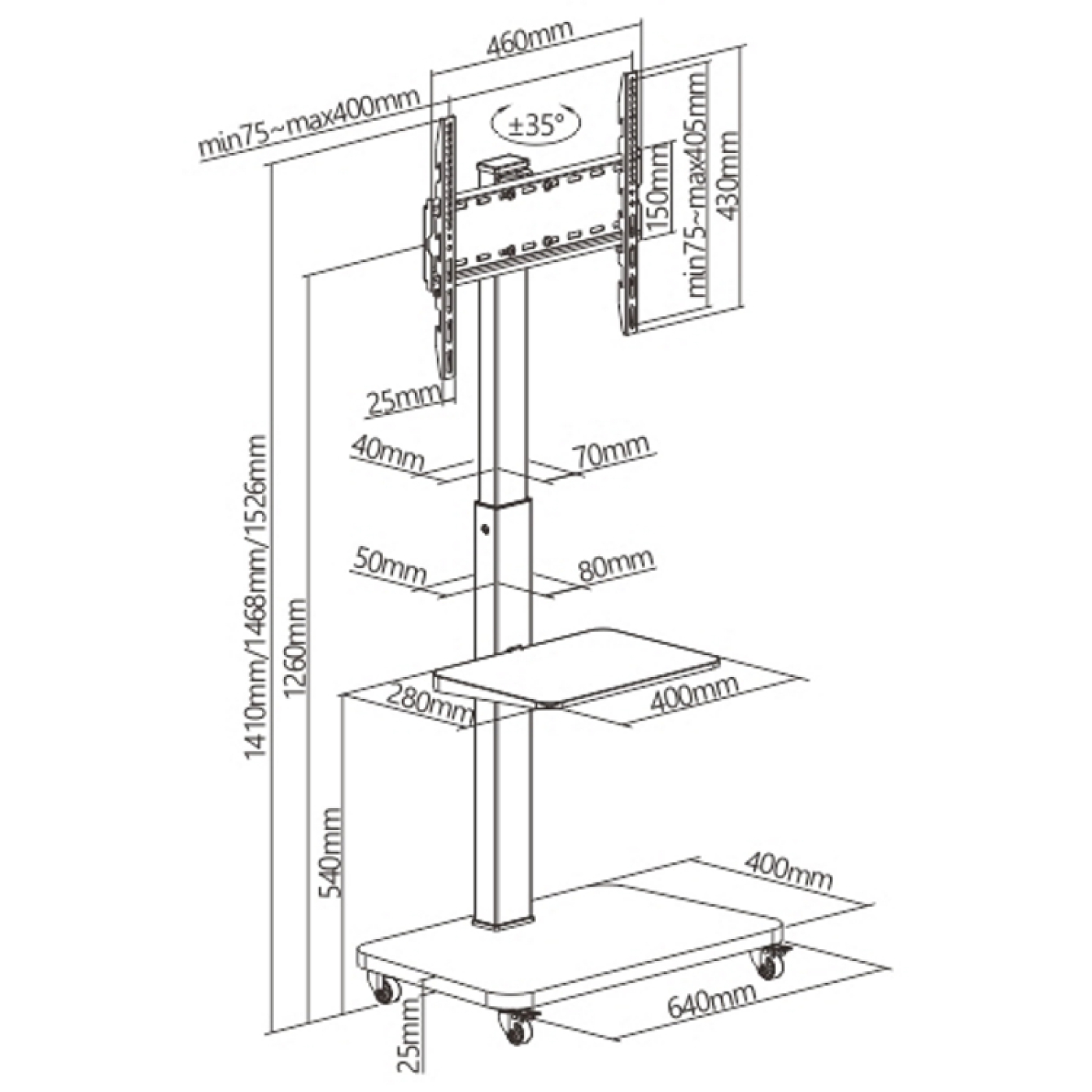 TV-Ständer Diagramm mit Maßen, in mm. Schwarz-Weiß-Illustration. Weißer Hintergrund.