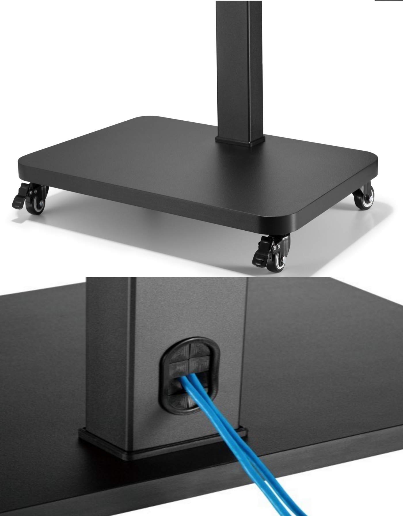 Schwarzer Ständer mit Rädern. Blaue Kabel kommen aus dem Sockel.