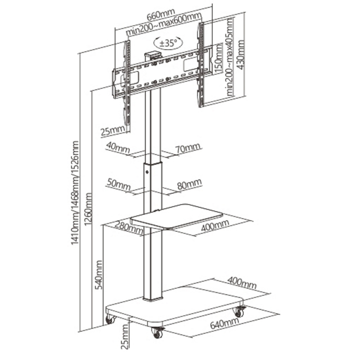 Diagramm eines TV-Ständers mit Abmessungen, das Höhe, Breite und Tiefe zeigt.