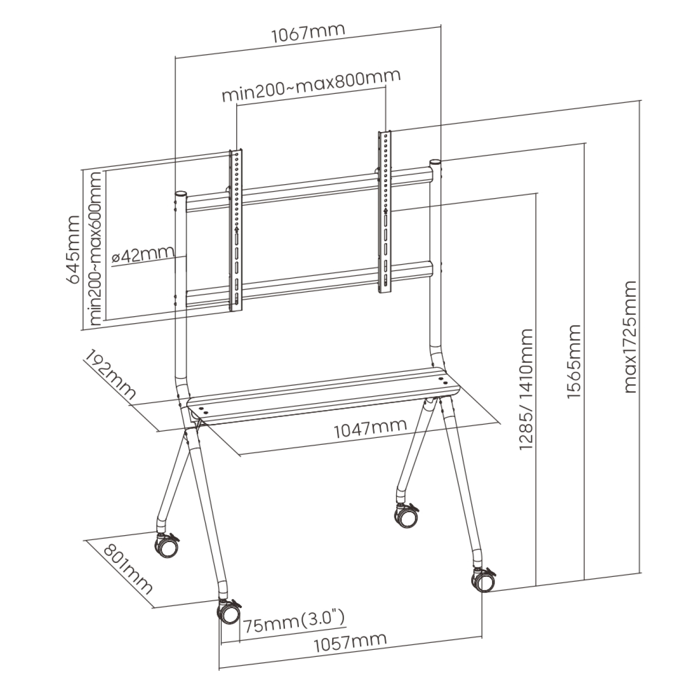 Diagramm eines TV-Ständers mit Abmessungen und Maßen in Millimetern.