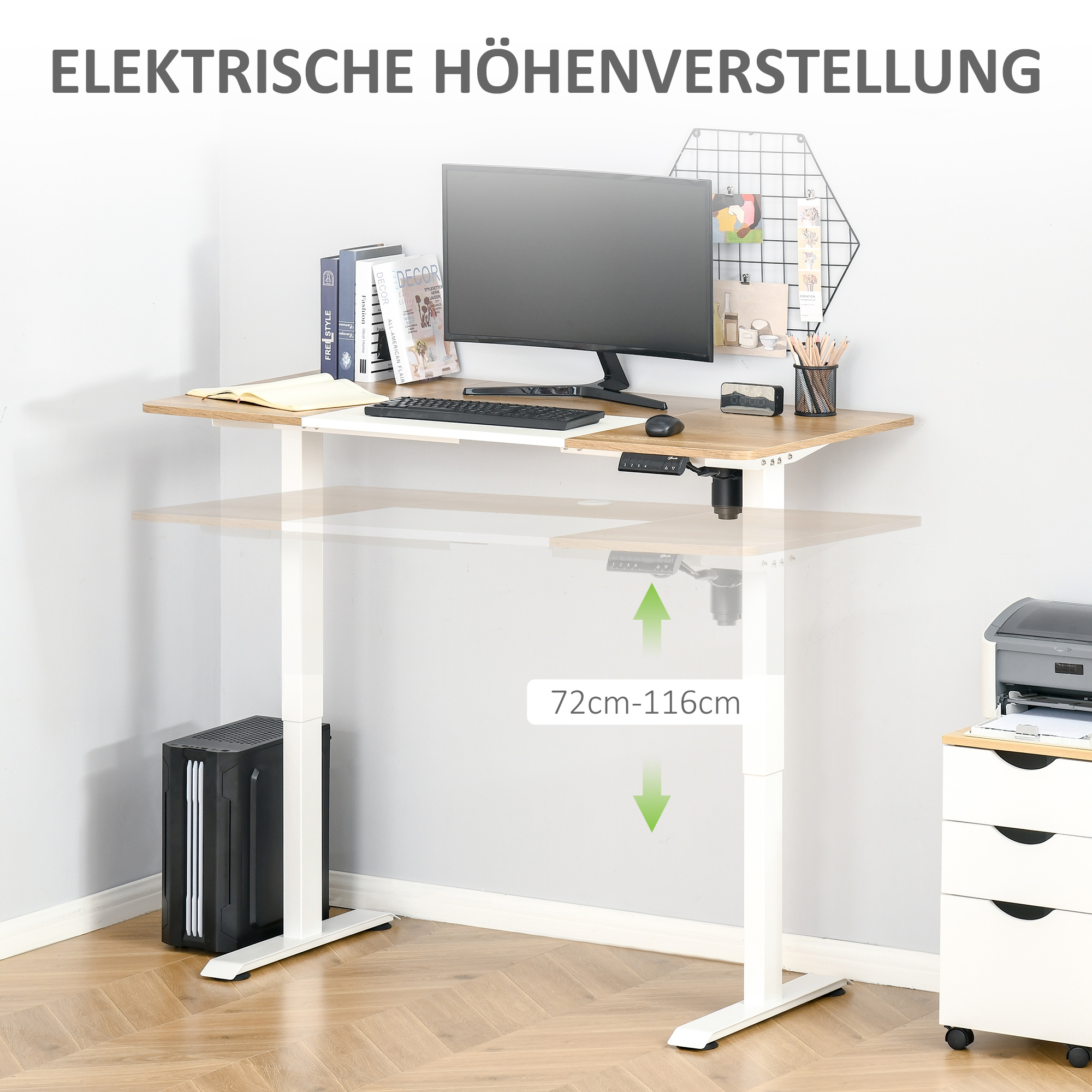 Stehpult mit Monitor und Tastatur. Der Höhenverstellbereich beträgt 72cm-116cm. Ein Computergehäuse und Drucker sind sichtbar.