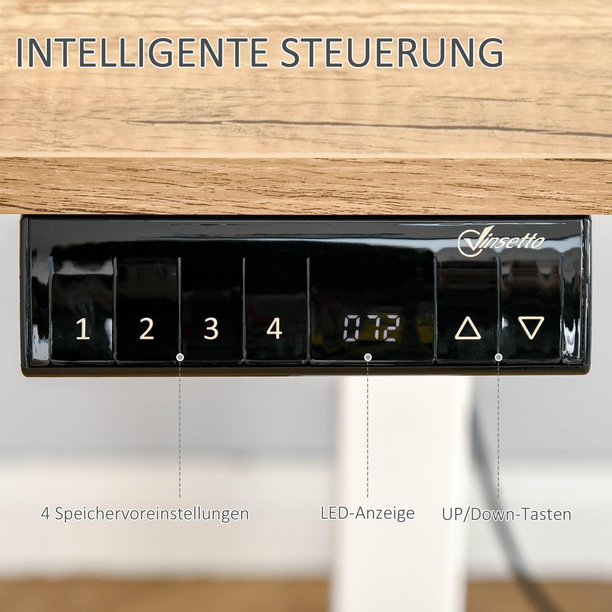 Bedienfeld mit Tasten 1-4, LED-Anzeige und Pfeilen nach oben/unten, mit deutschem Text.
