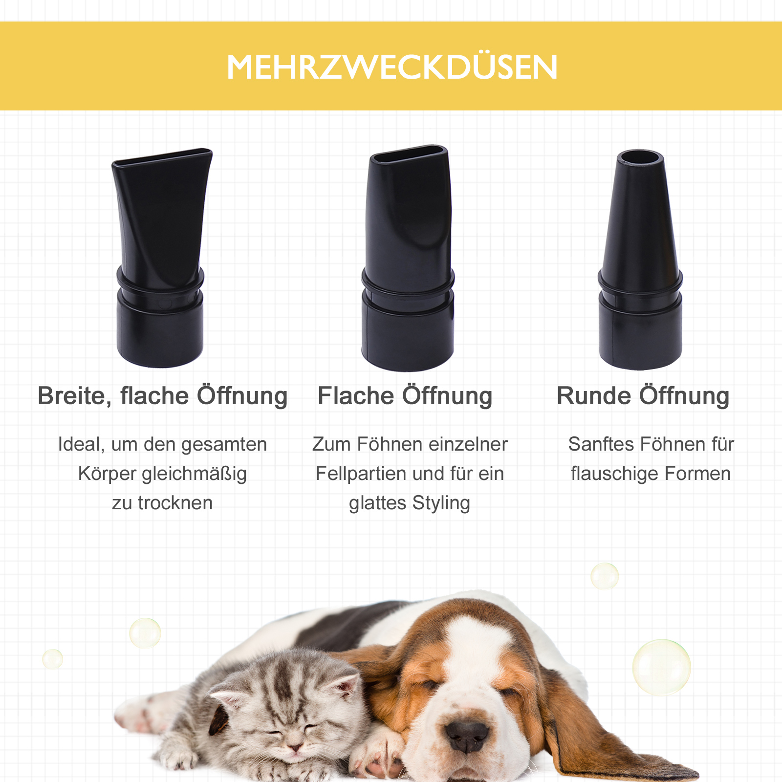 Drei Pflegeaufsätze mit Text und eine schlafende Katze und ein Hund.