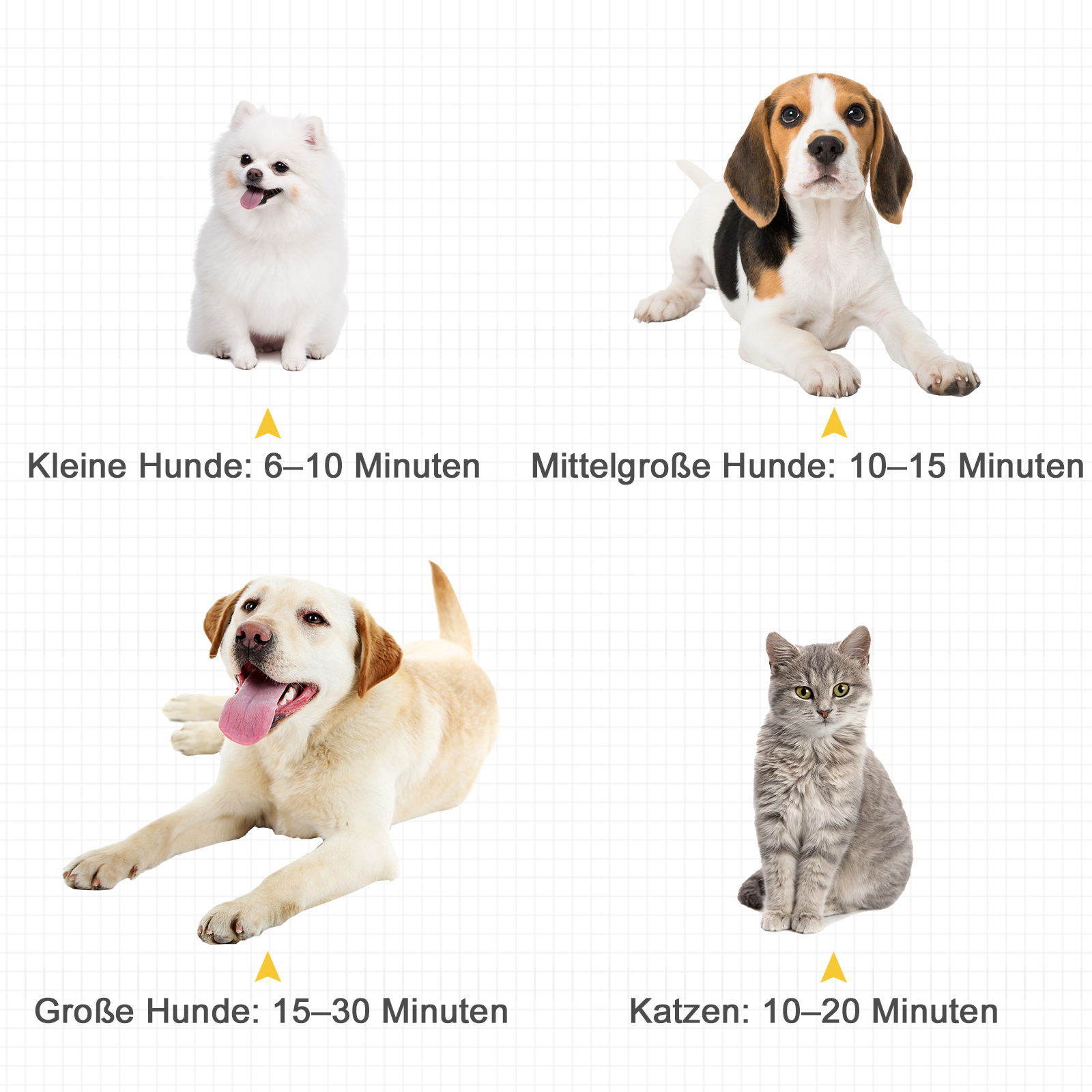 Vier Hunde und Katzen, mit Text, der die empfohlenen Pflegezeiten angibt: 6-10, 10-15, 15-30, 10-20 Minuten.