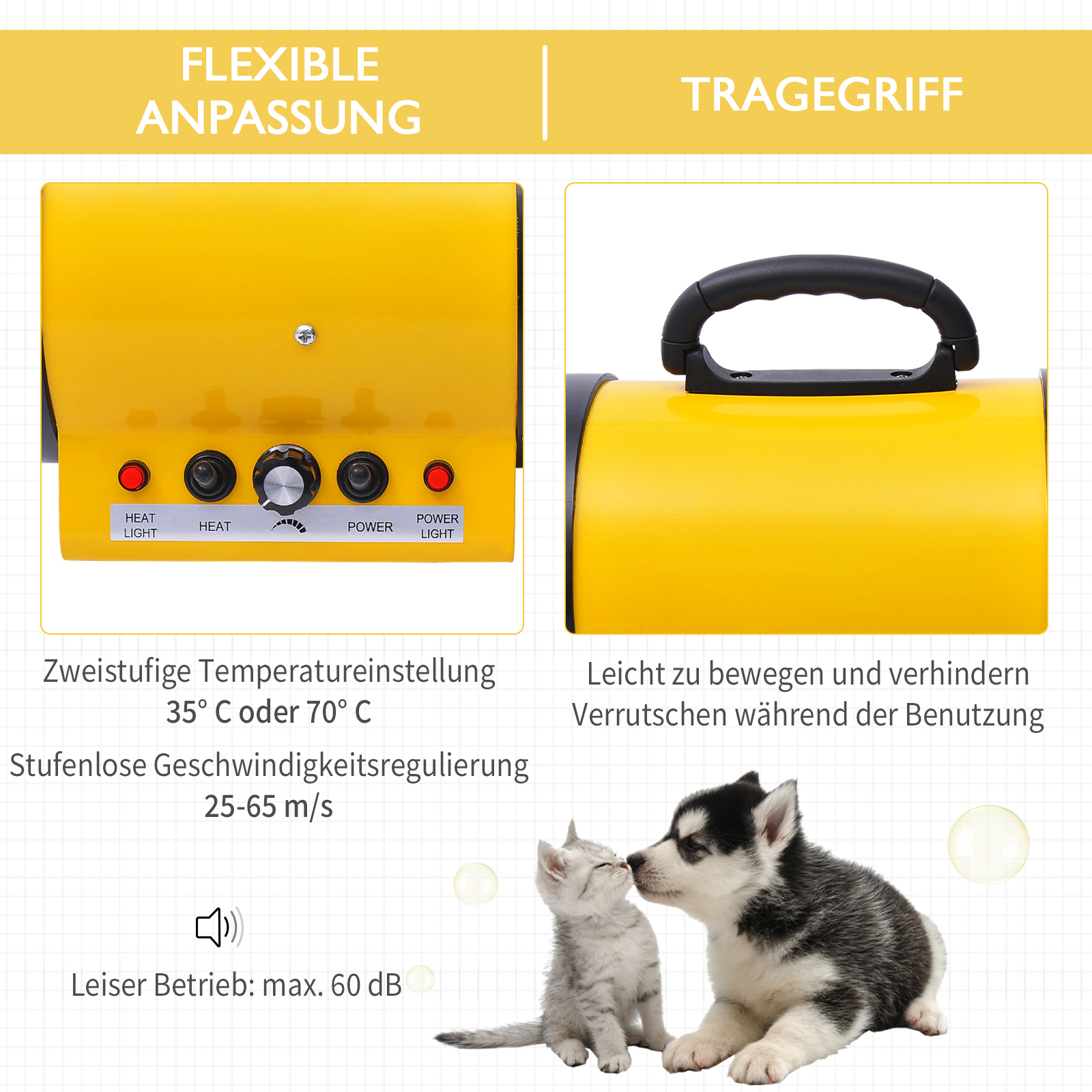 Gelbe Maschine mit Knöpfen, zwei Kätzchen und ein Welpe davor.