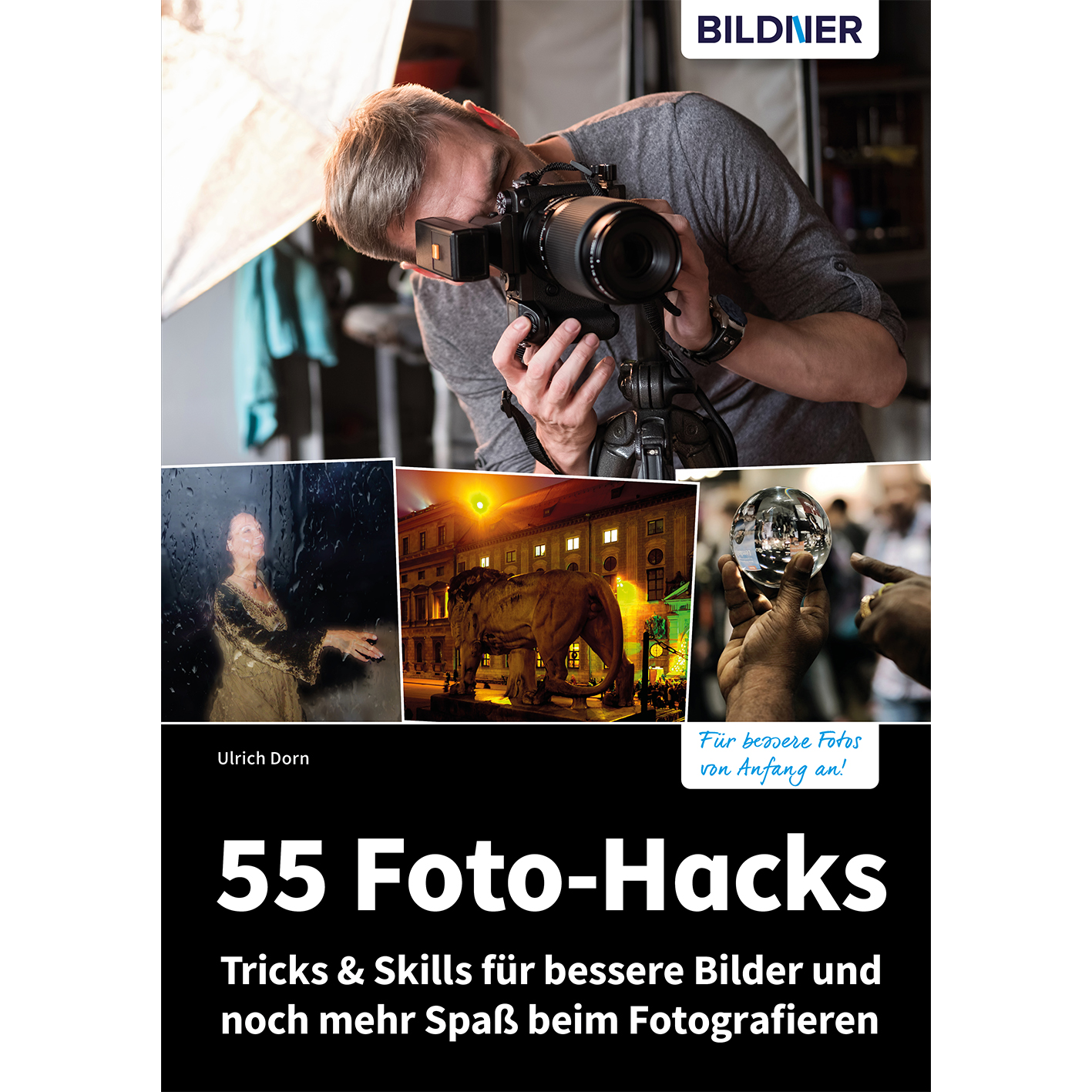 Buchcover mit Fotos, Text und Logo. Der Hintergrund ist weiß.
