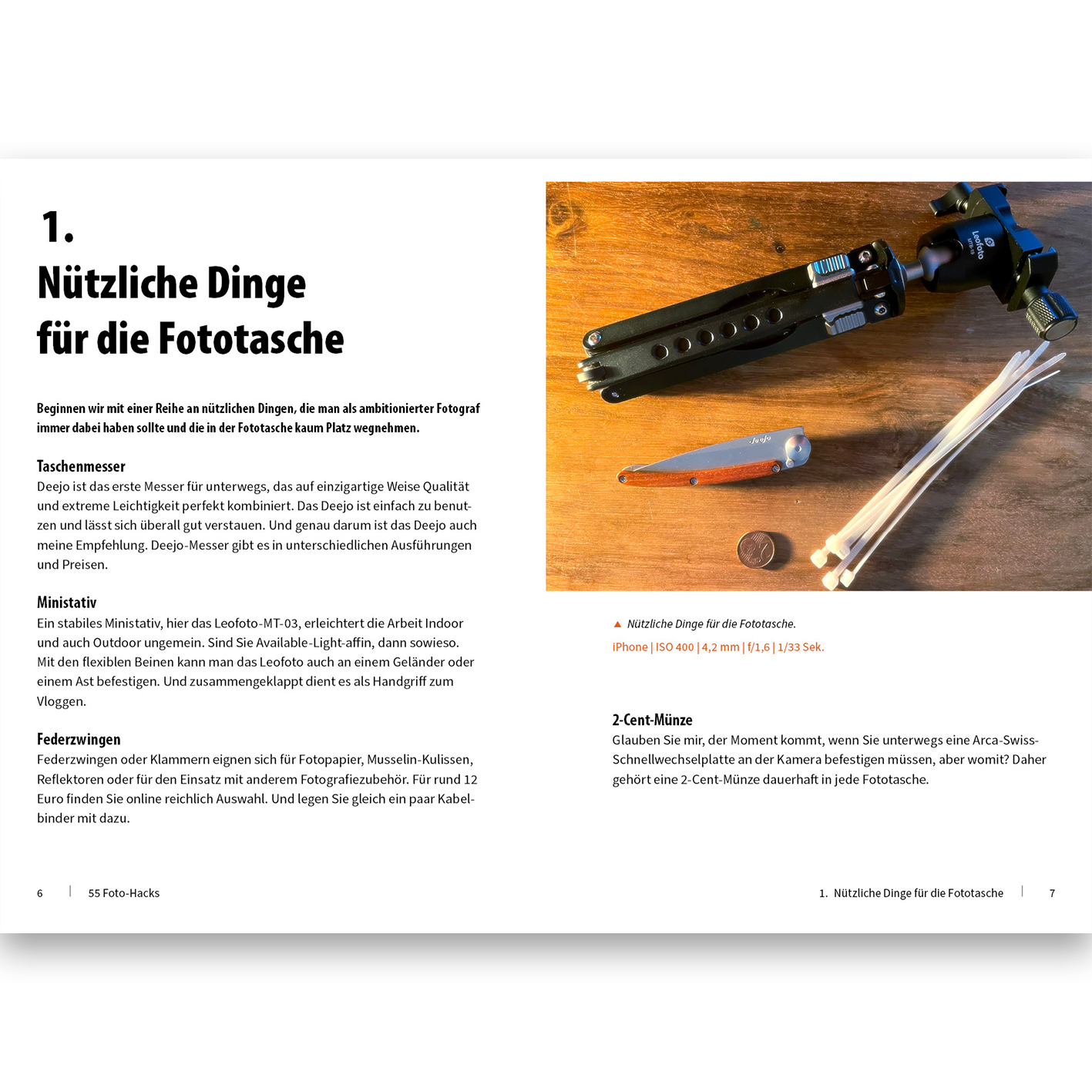 Eine Seite einer deutschen Zeitschrift mit Text und Bildern zu Fotoausrüstung.