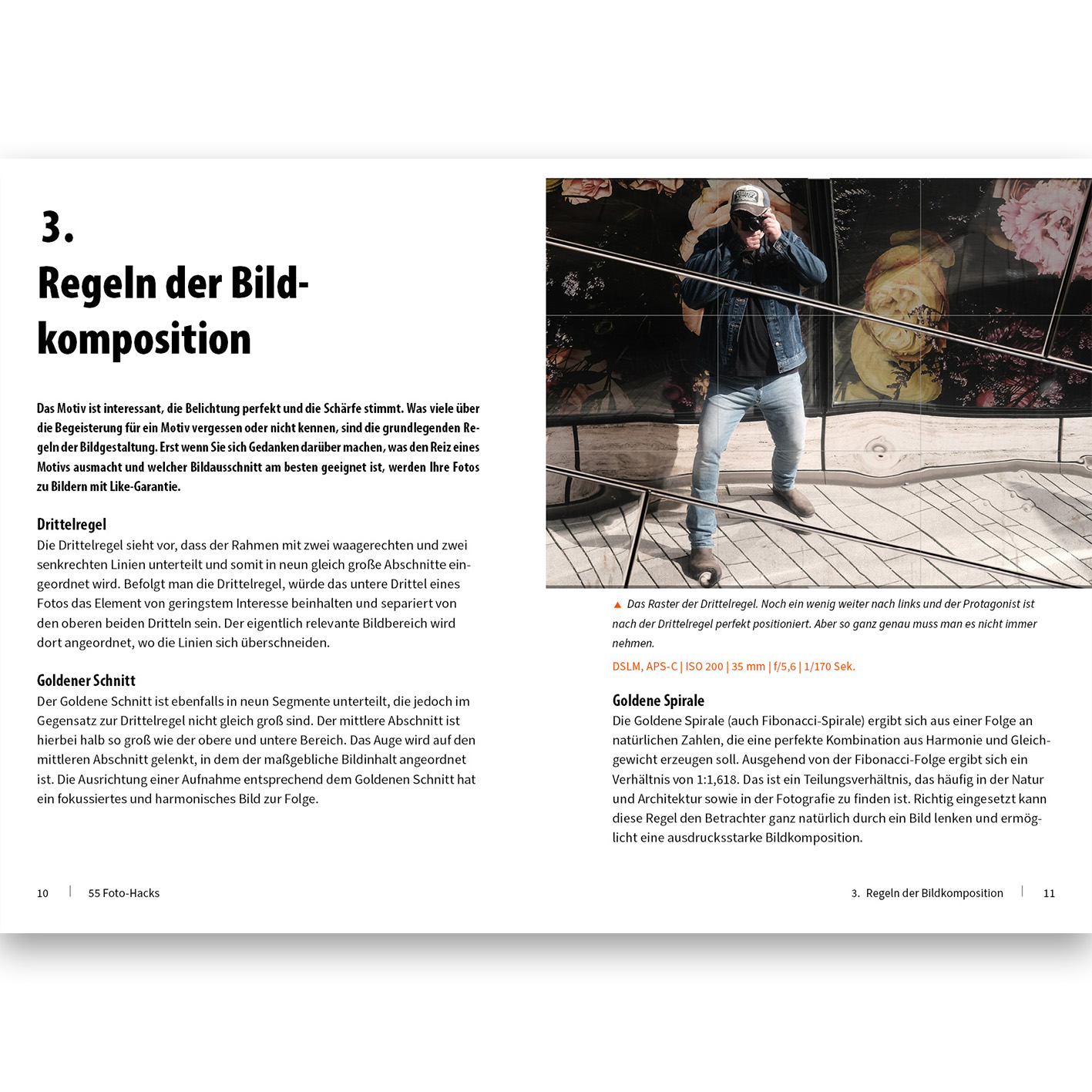 Text und Bild auf einer Seite über Fotokompositionsregeln, mit einer Person.