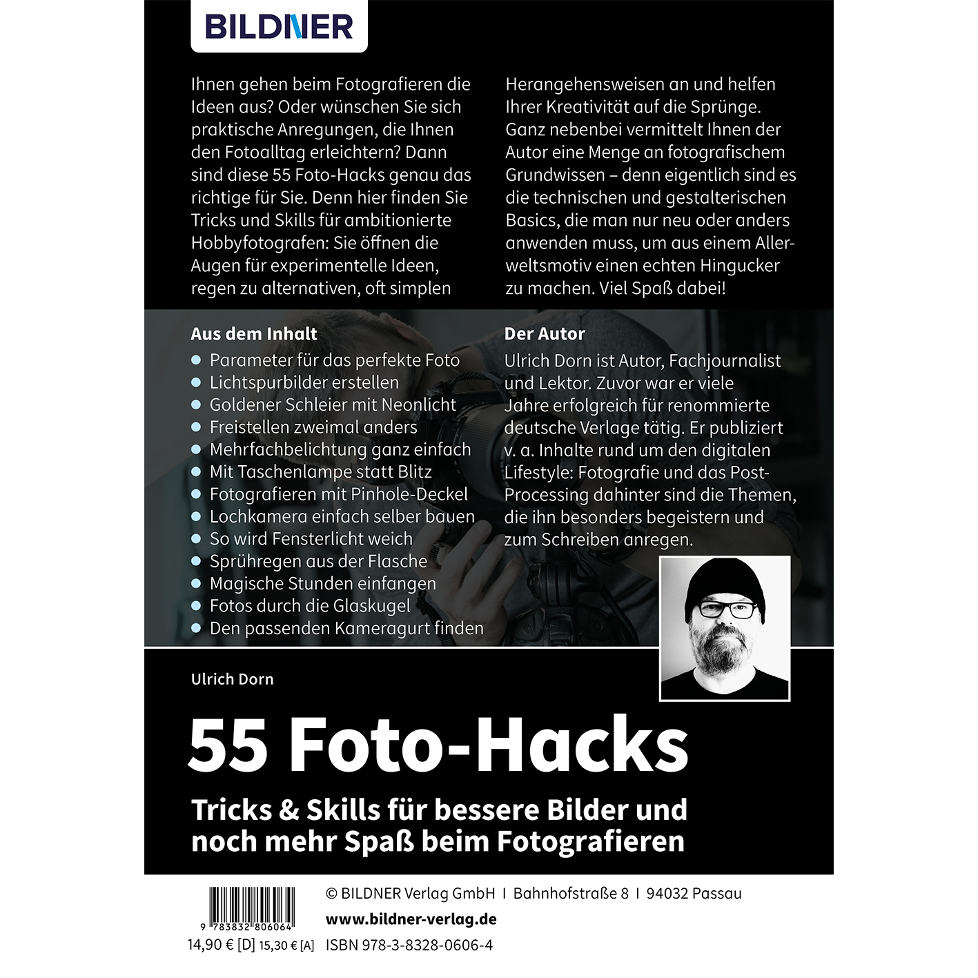 Buchcover mit Titel '55 Foto-Hacks'. Autor Ulrich Dorn, weißer Hintergrund.