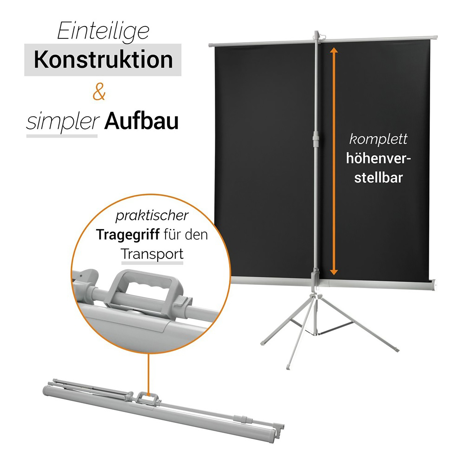 Weiß-silberne Projektorleinwand mit Text und einer Abbildung eines Griffs.