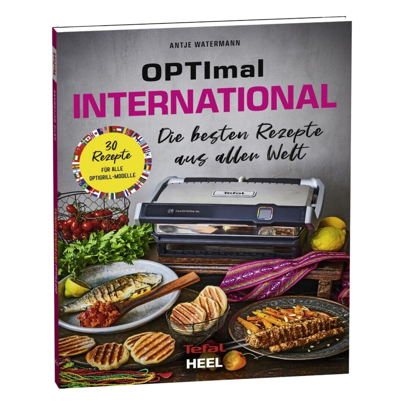 Kochbuch mit Essen auf dem Cover und einem Grill.