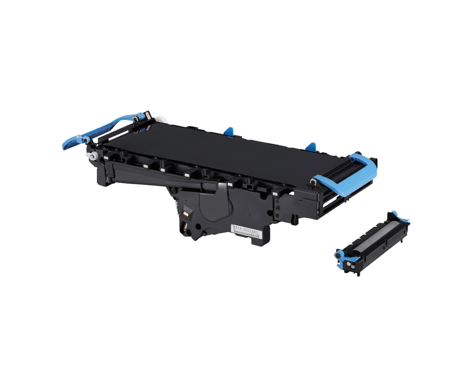 Componenti della cartuccia toner della stampante, tra cui un alloggiamento nero e parti blu.