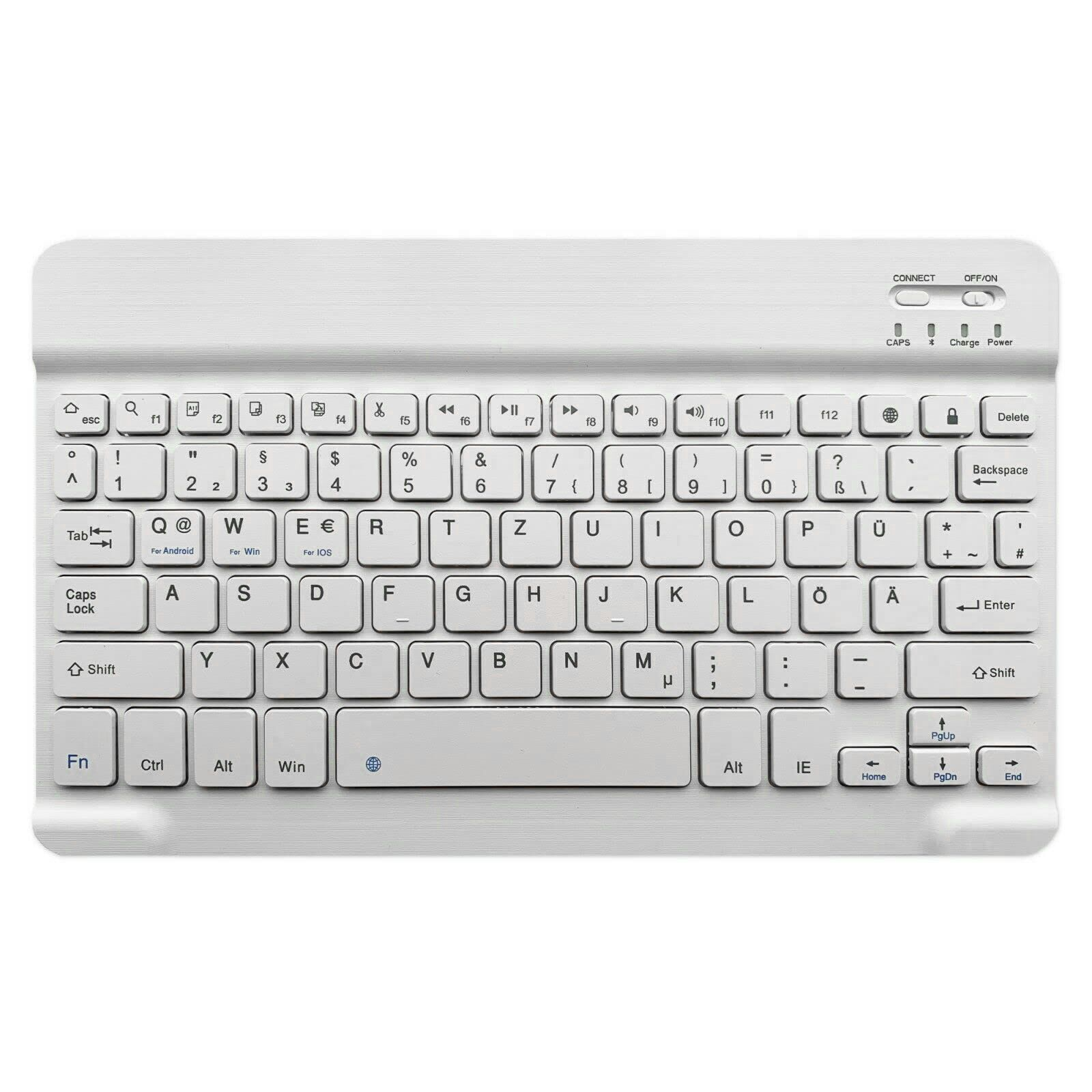 Weiße, kabellose Tastatur. Tasten mit verschiedenen Symbolen und Funktionstasten.