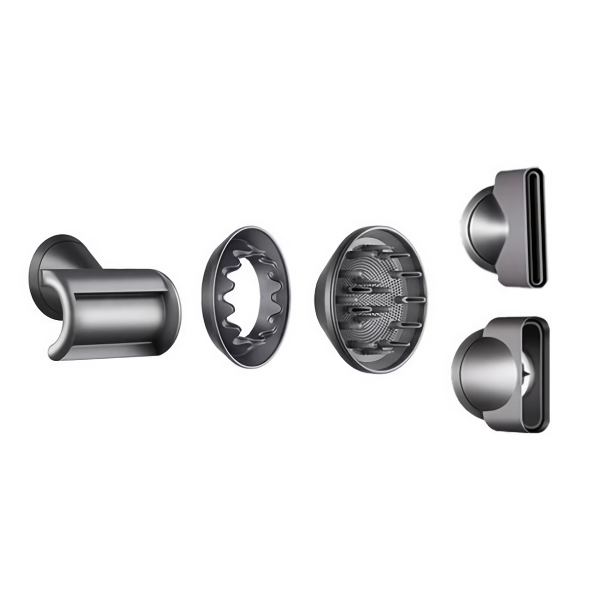 Accesorios de secador de pelo Dyson: concentrador, difusor y dos accesorios de peinado.