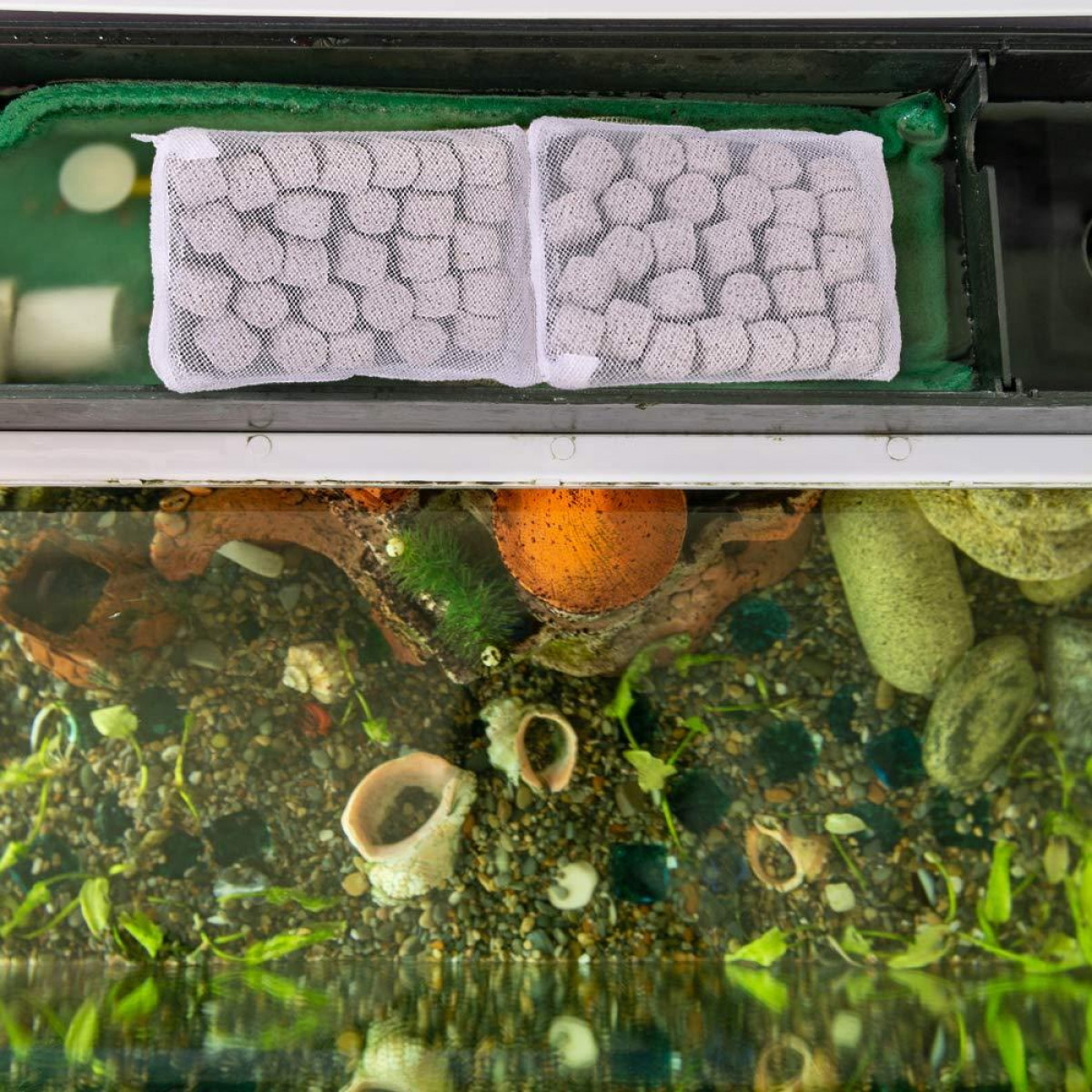 Ein Aquarium mit Kies, Steinen und Pflanzen, mit einem Filter oben mit Filtermedienbeuteln.