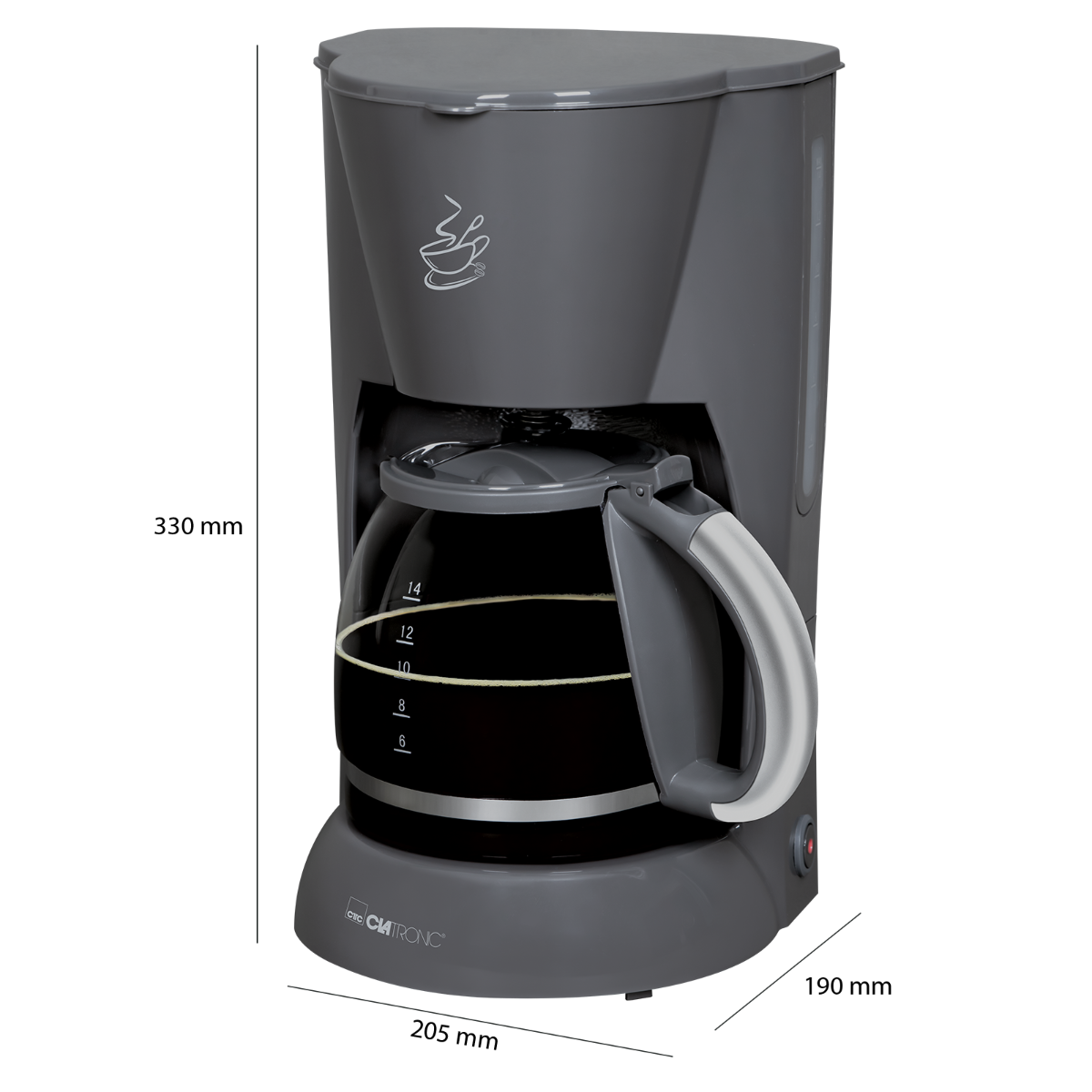 Una cafetera gris con una jarra de cristal. La jarra tiene marcas para medir la cantidad de café.