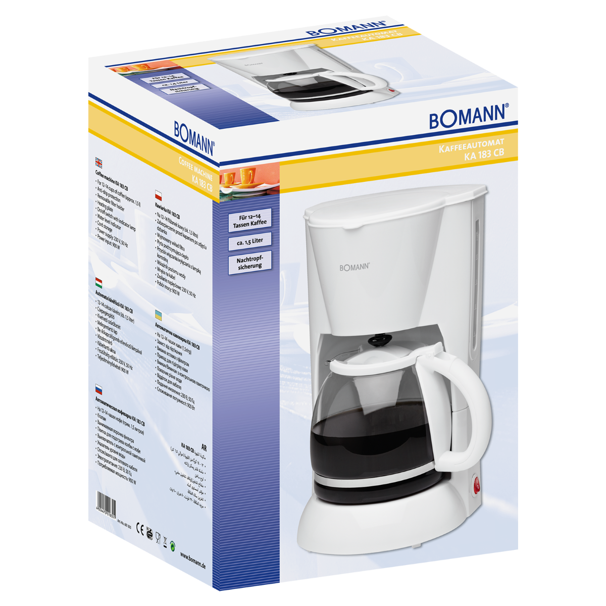 Biały ekspres do kawy Bomann z dzbankiem i pudełkiem po lewej stronie.