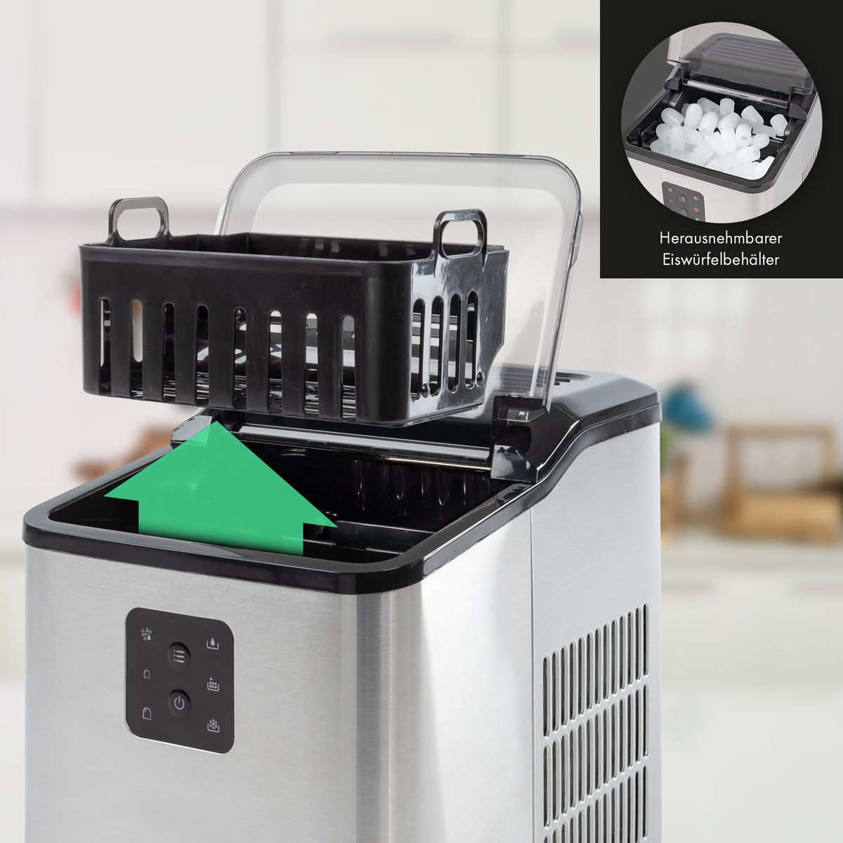 Wytwornica lodu z zieloną strzałką wskazującą na kosz na lód.