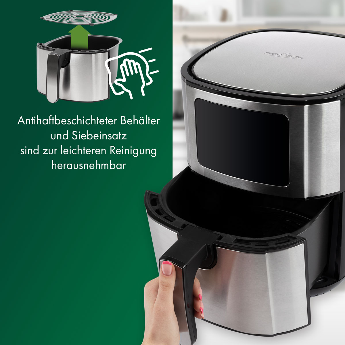 Frytkownica powietrzna z wyjmowanym koszem w trakcie czyszczenia. Tekst opisuje proces.