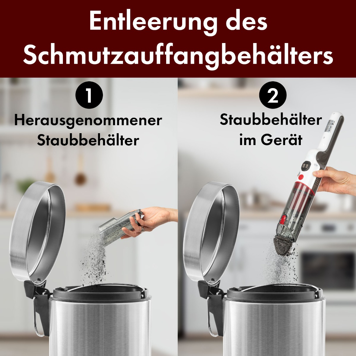 Kroki opróżniania pojemnika na kurz w odkurzaczu. Ręce i pojemnik. Czarny i srebrny odkurzacz. Białe tło.