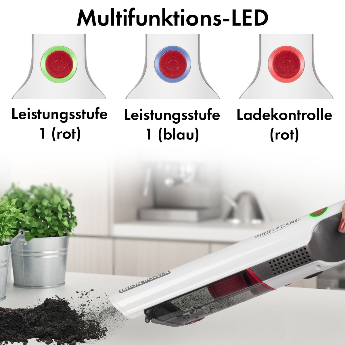 Zbliżenie odkurzacza. Czerwone, niebieskie i zielone przyciski. Kobieta sprząta na białej powierzchni.