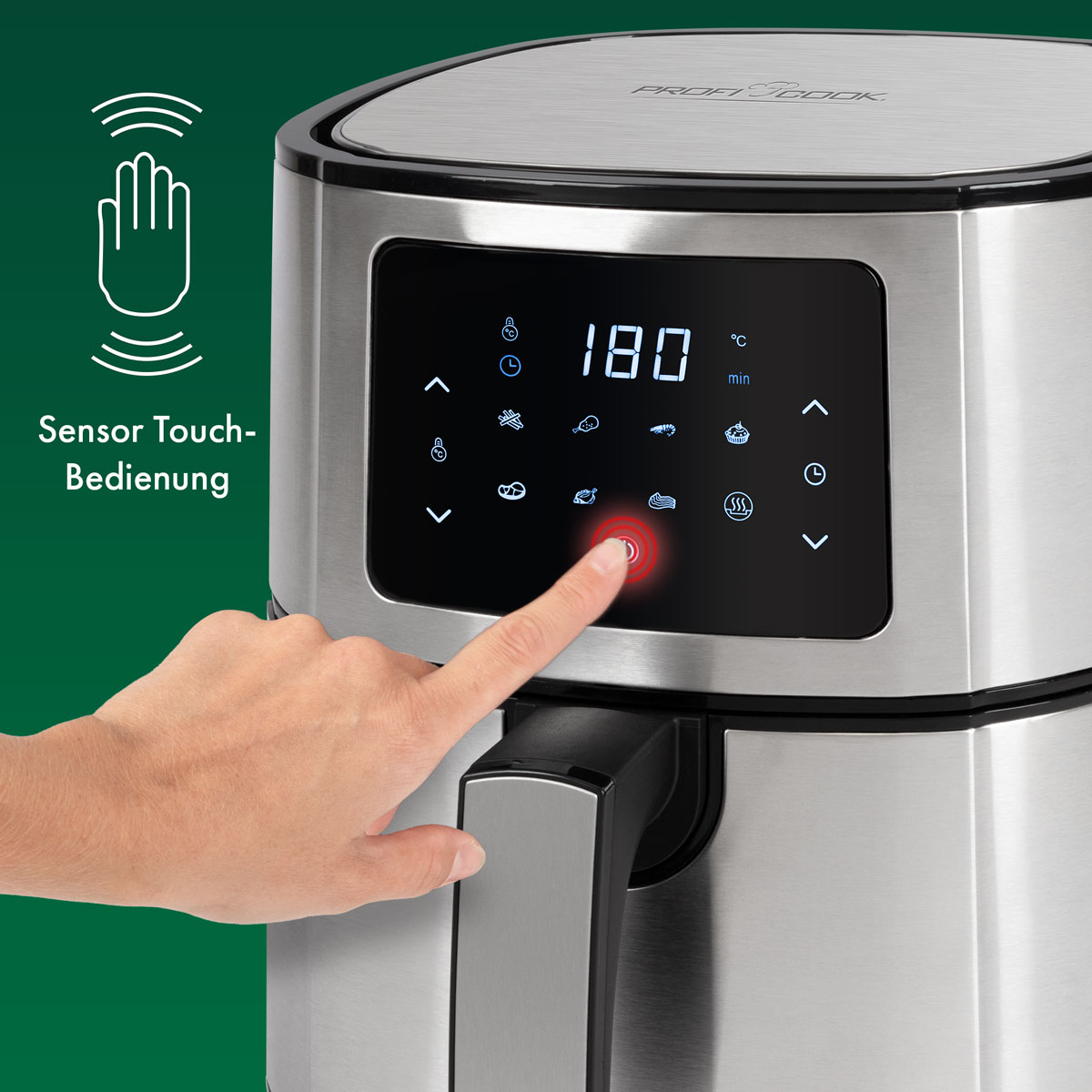 Frytownica powietrzna z dłonią dotykającą panelu sterowania, pokazująca temperaturę.