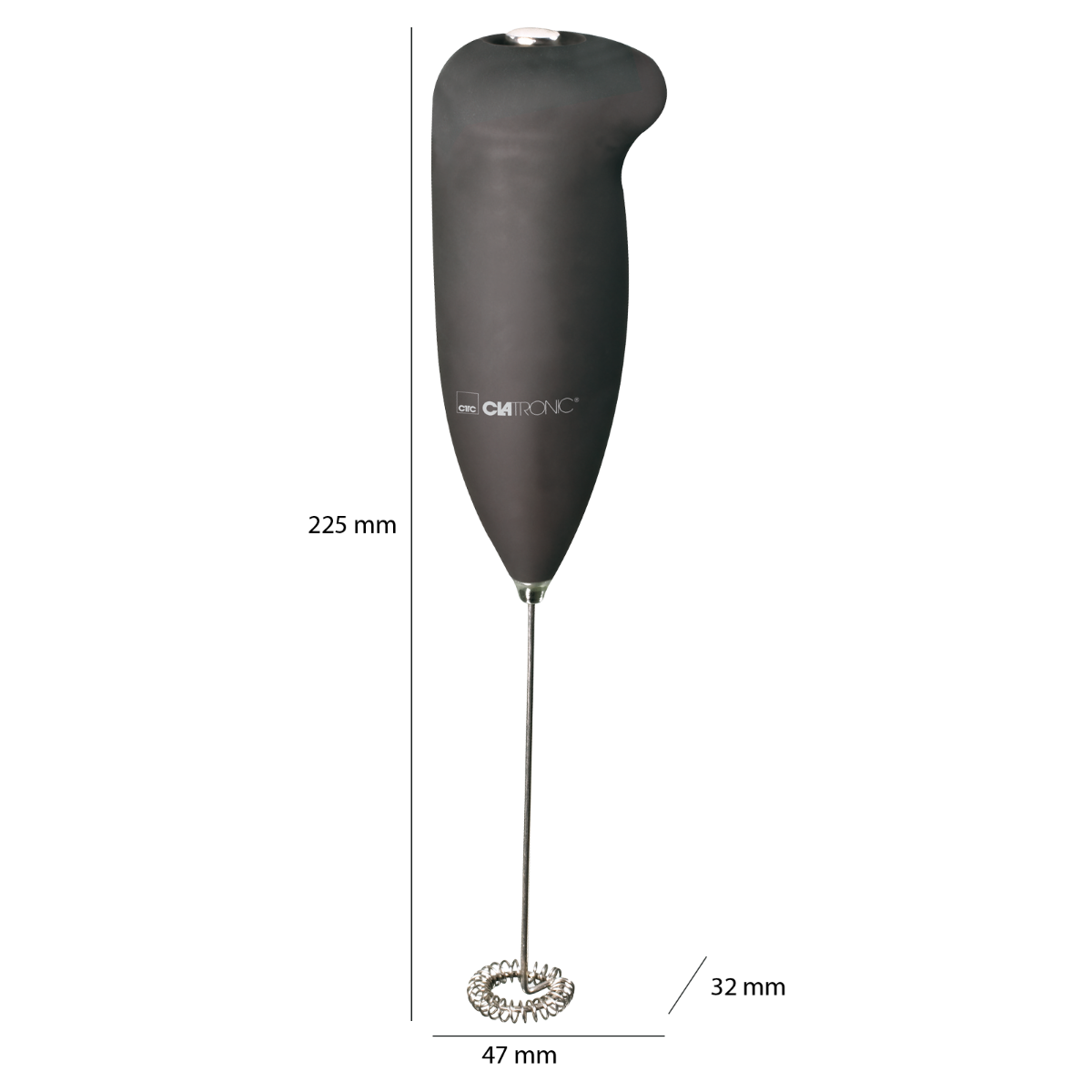 Czarny ręczny spieniacz do mleka ze srebrną trzepaczką i logo 