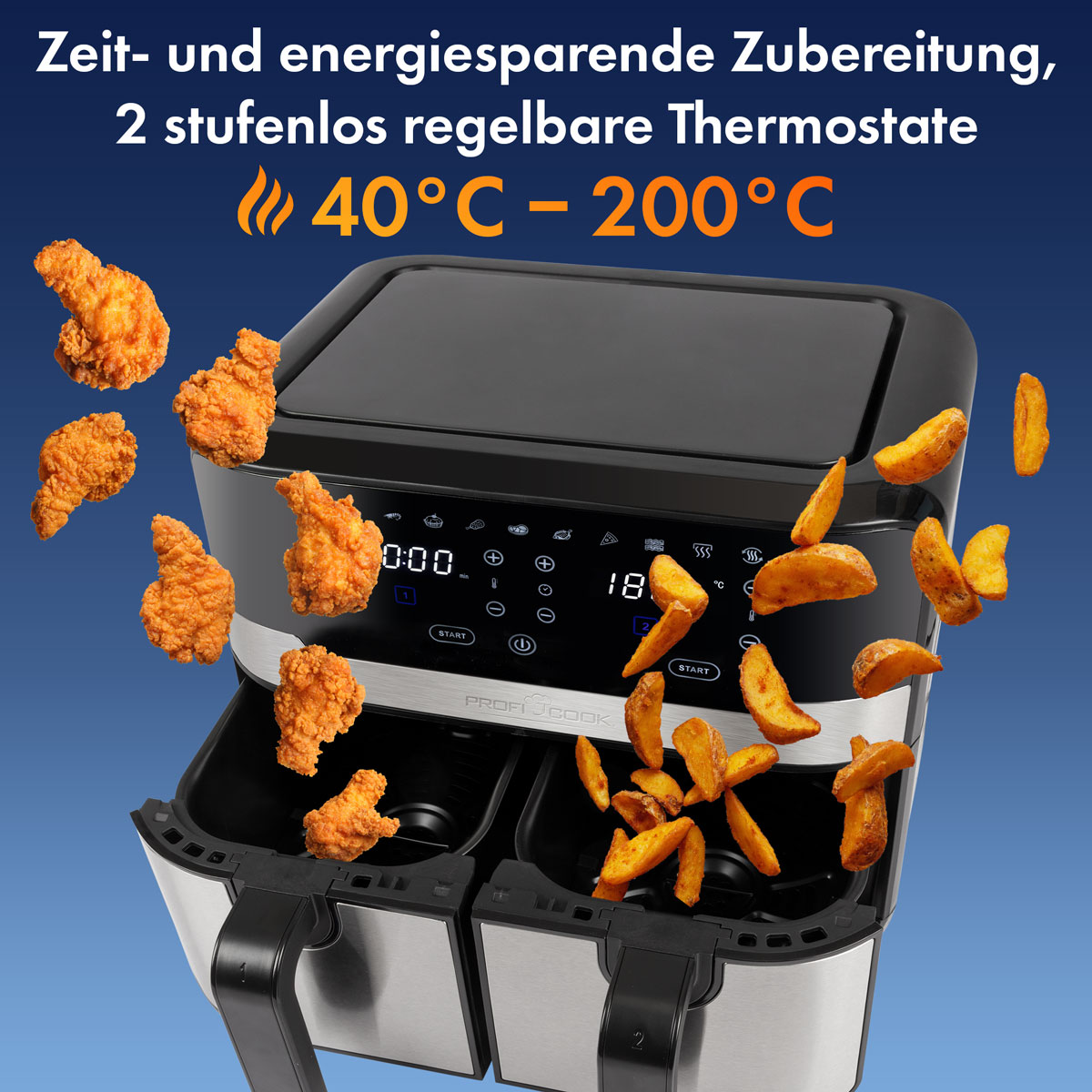 Eine Heißluftfritteuse mit Essen und Text über Temperaturen, mit blauem Hintergrund.
