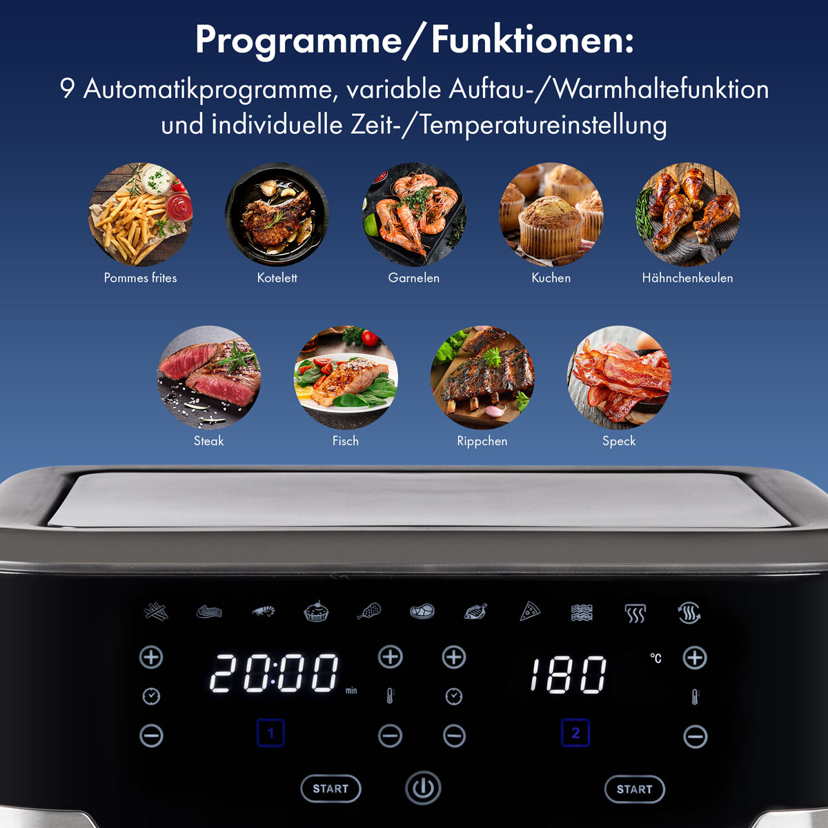 Eine schwarze Heißluftfritteuse mit Digitalanzeige für Zeit und Temperatur sowie Icons für verschiedene Speisen.