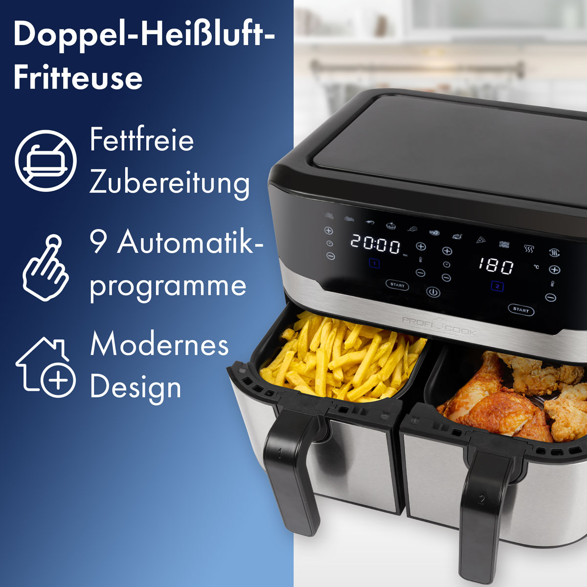 Eine Doppelkorb-Heißluftfritteuse mit schwarzem Oberteil und Edelstahlbasis. Mit Digitalanzeige.