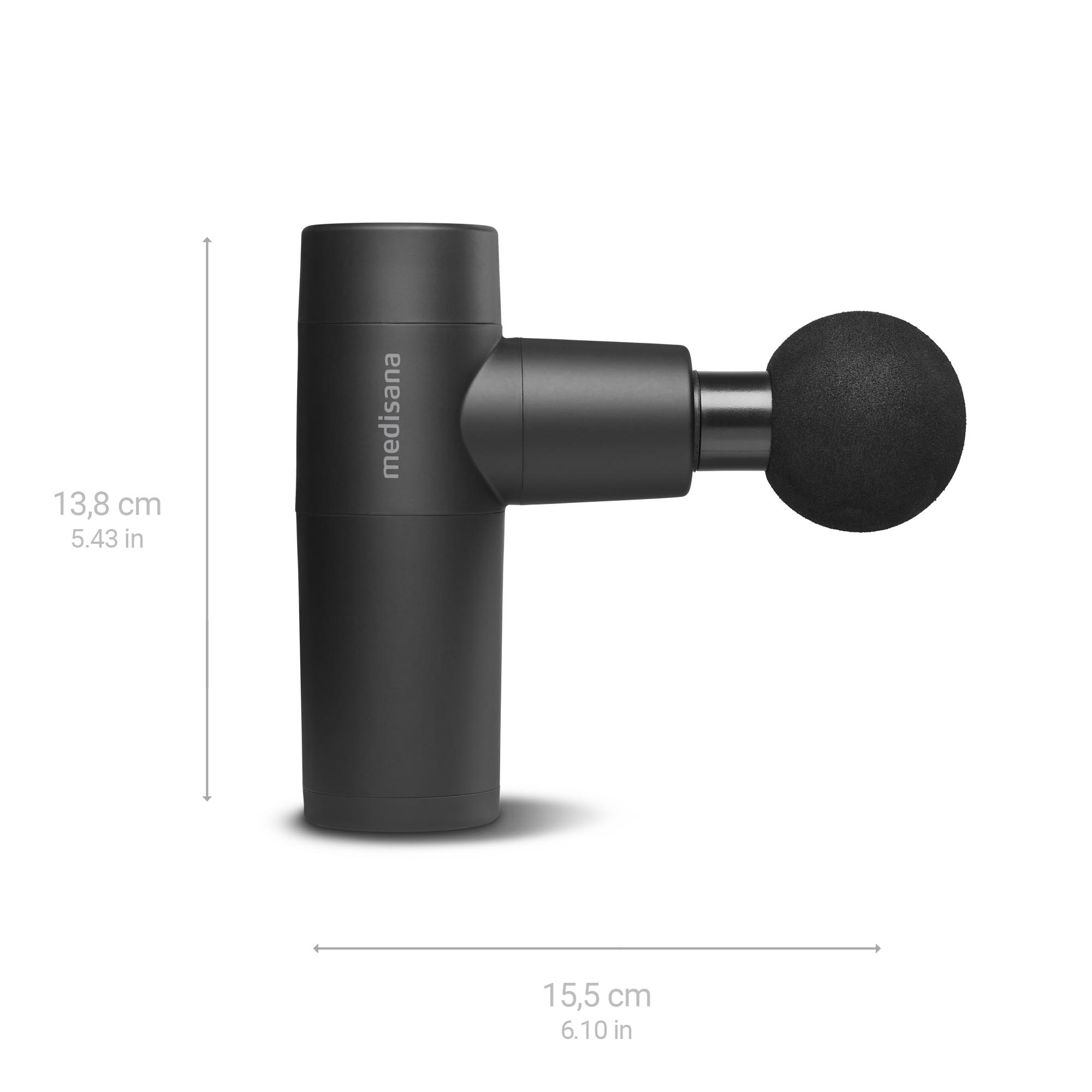 Black massage gun. The gun is T-shaped and the head is round. Dimensions are shown.