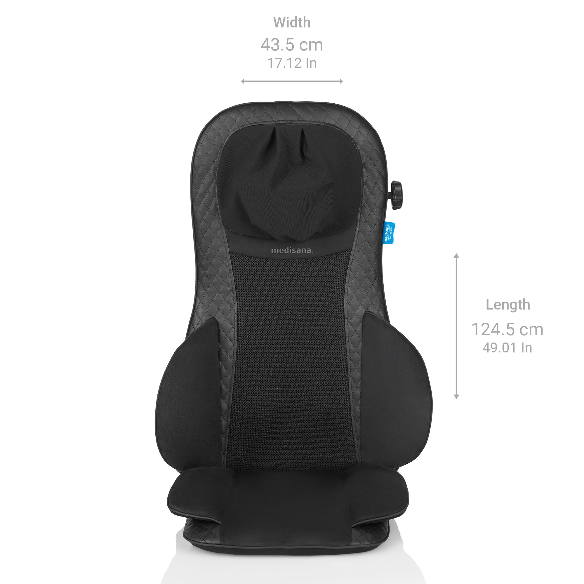 Funda negra para silla de masaje con medidas. Está sobre un fondo blanco.