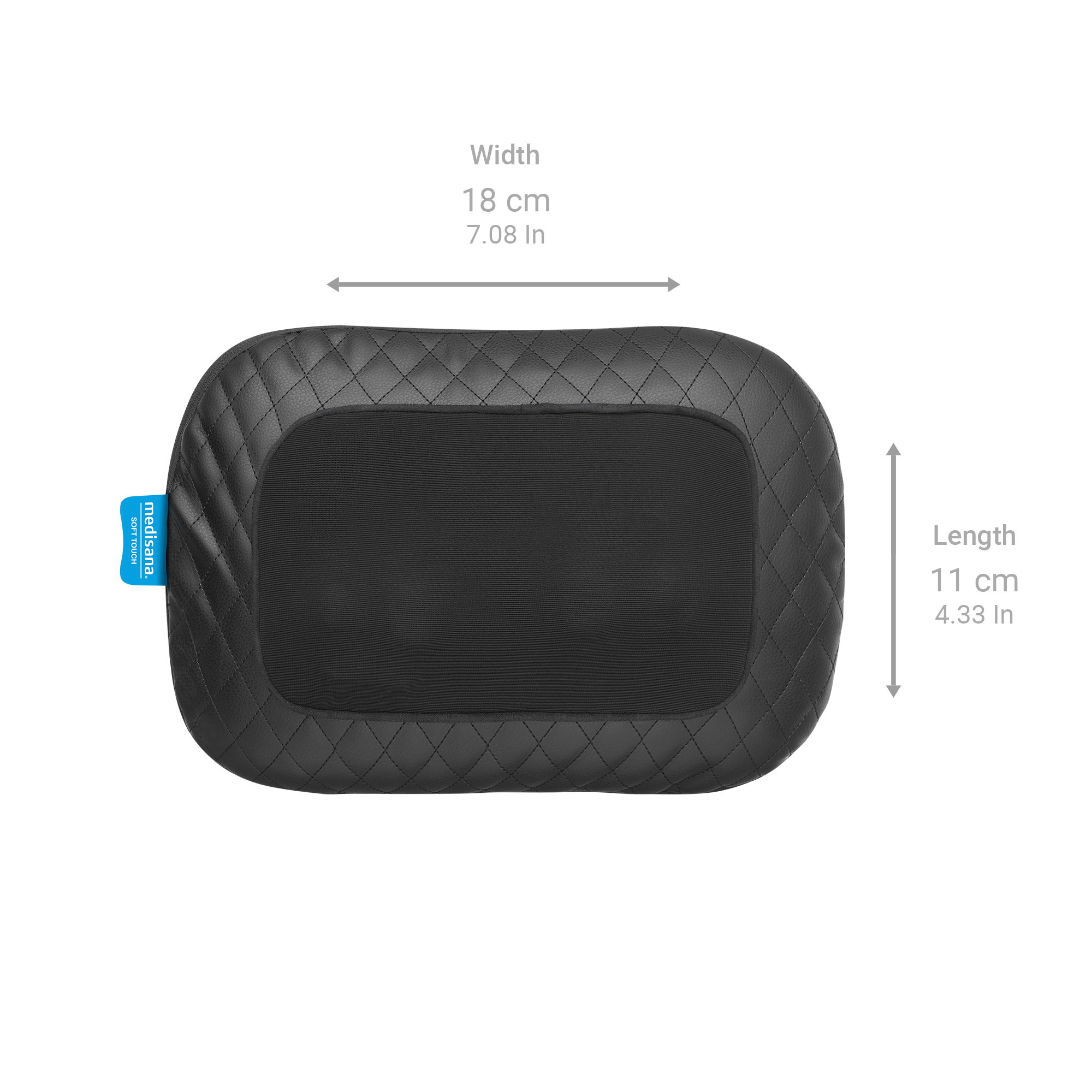 Almohada de masaje negra con dimensiones. Ancho: 18 cm, Largo: 11 cm.