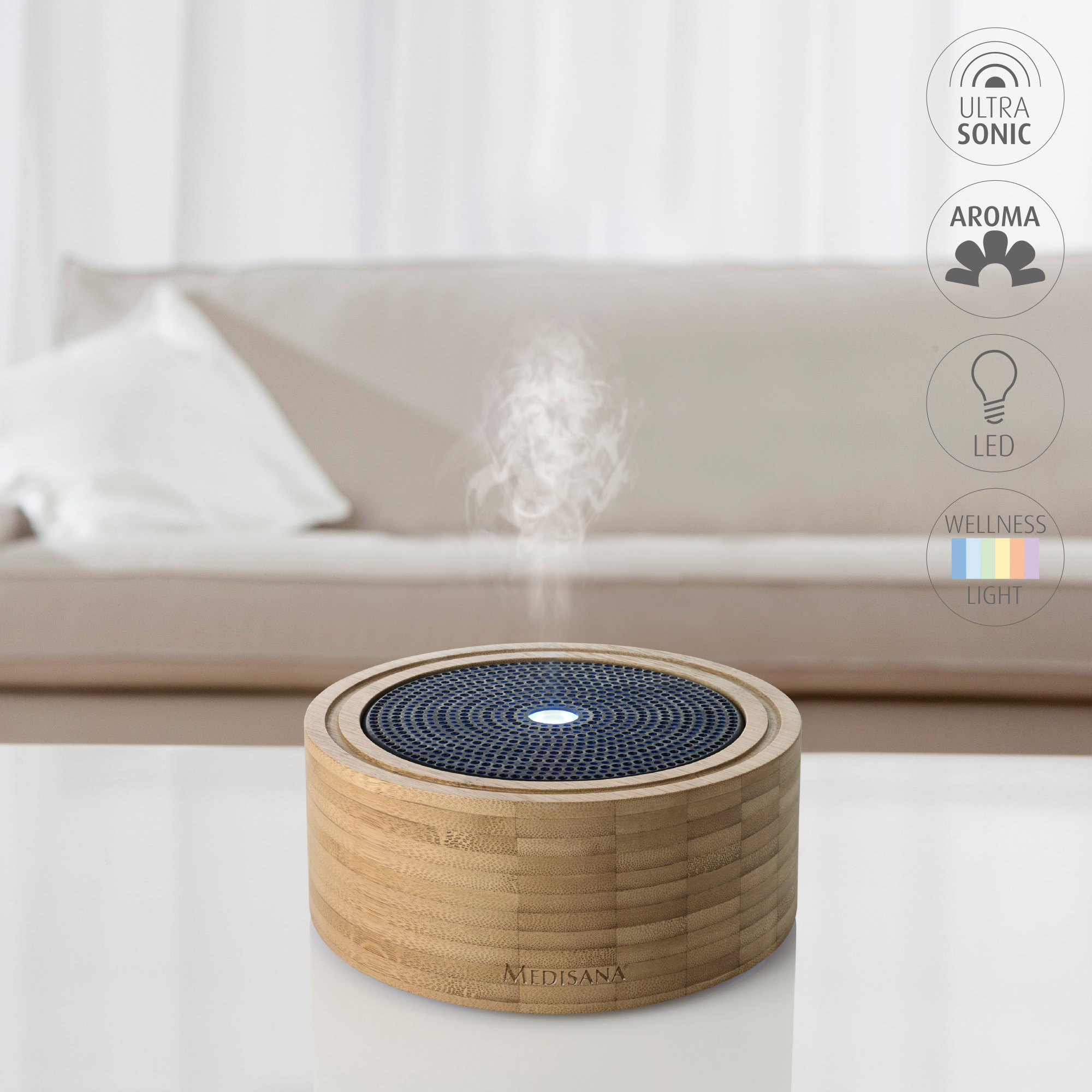 Drewniany dyfuzor z parą, przyciski na górze. Ikony: ultradźwięki, aromat, LED, światło wellness.