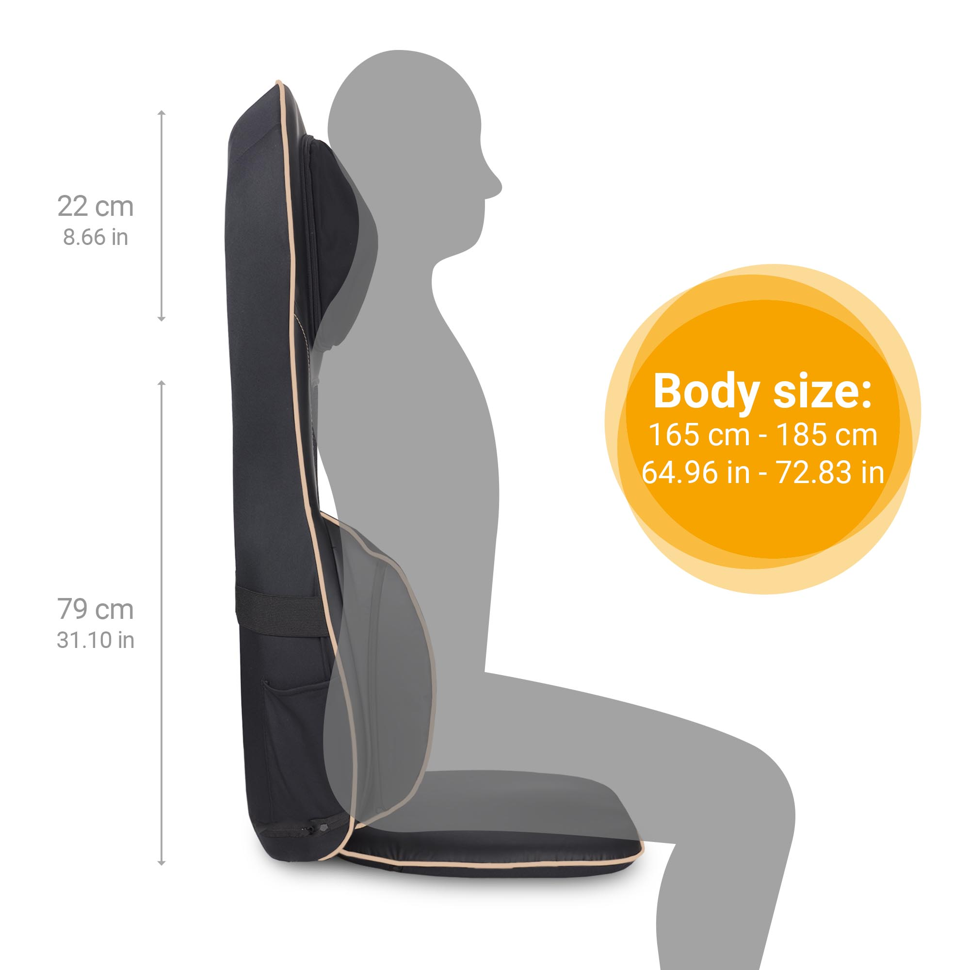 Soporte lumbar negro, con dimensiones y detalles de tamaño corporal.