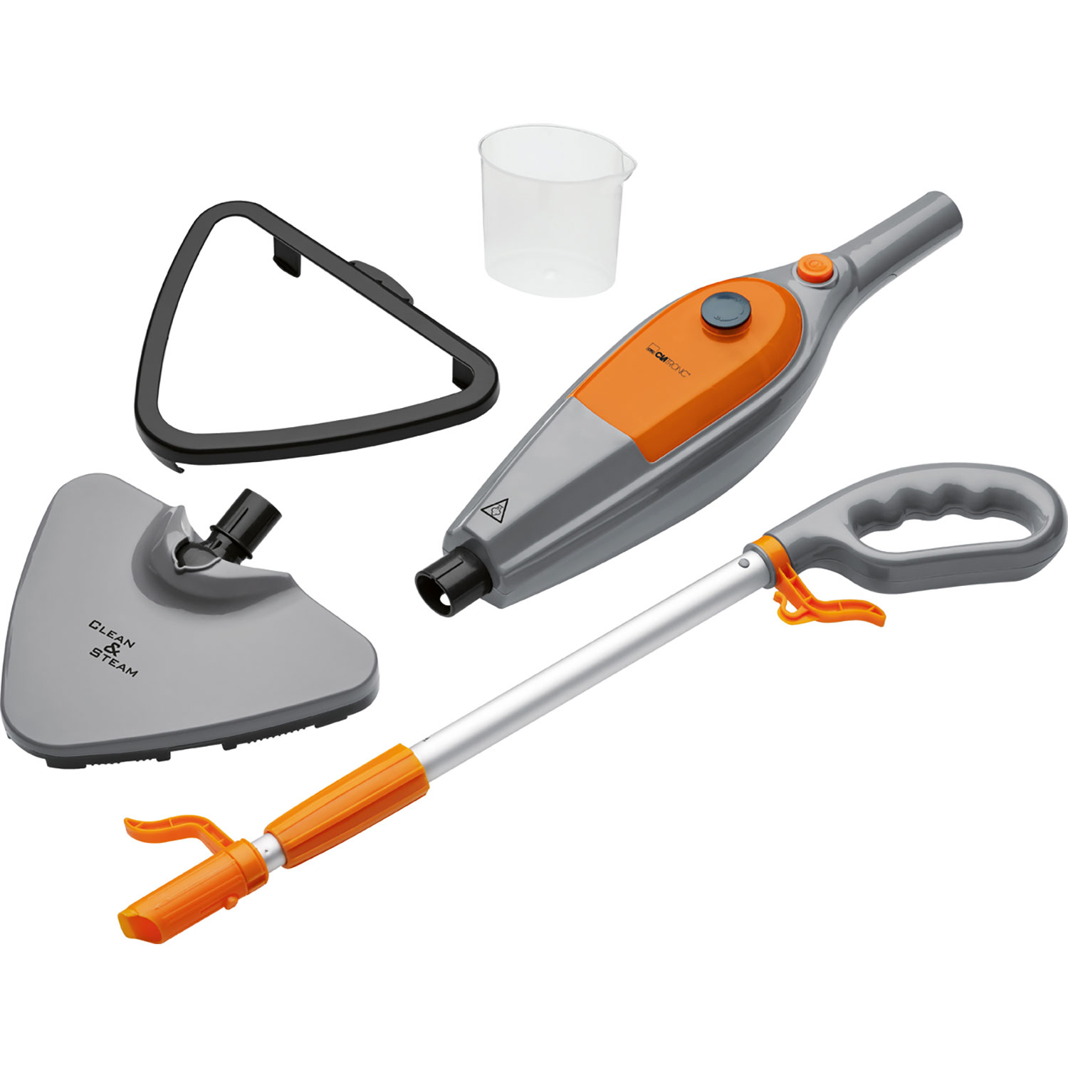 Mop parowy, części rozłożone. Szare i pomarańczowe kolory. Zawiera głowicę mopa, uchwyt i kubek na wodę.