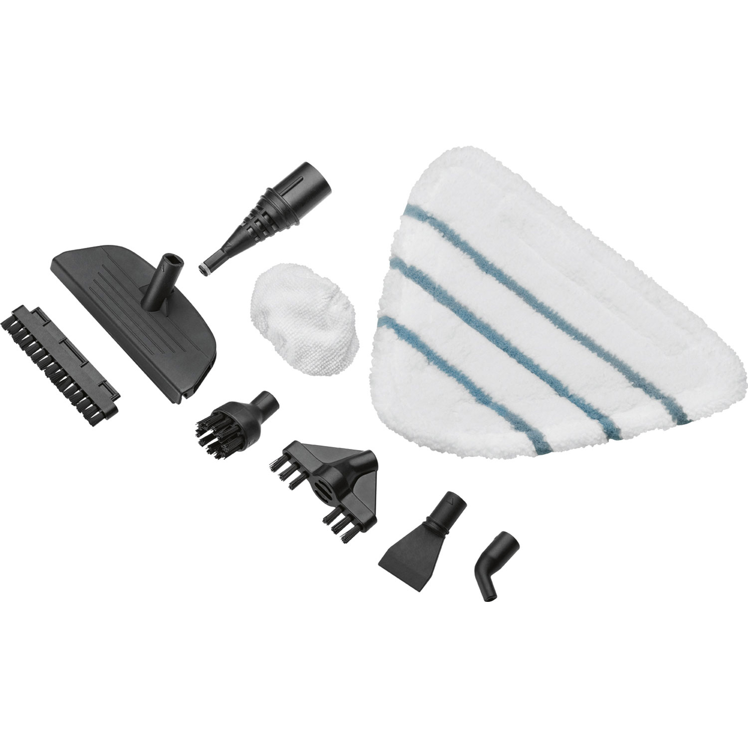 Akcesoria do parownicy. Czarne, białe i niebieskie. Białe tło.