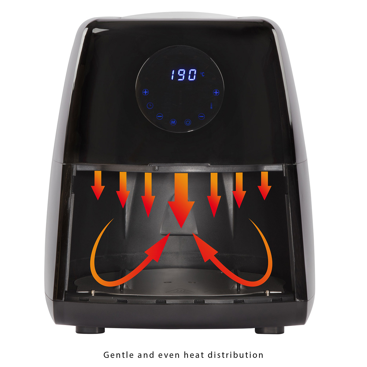 Czarna frytkownica powietrzna z czerwonymi strzałkami pokazującymi cyrkulację powietrza. 190°C.