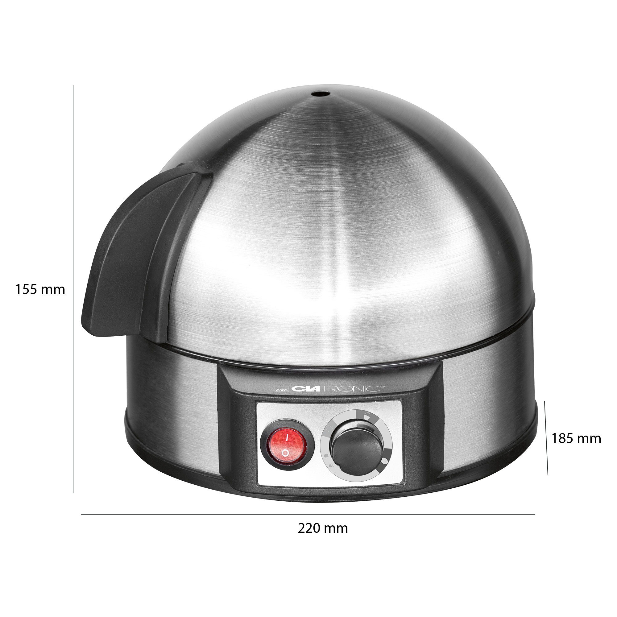 Srebrny parowar do jajek z czarnym uchwytem i przyciskami. Wymiary są pokazane.