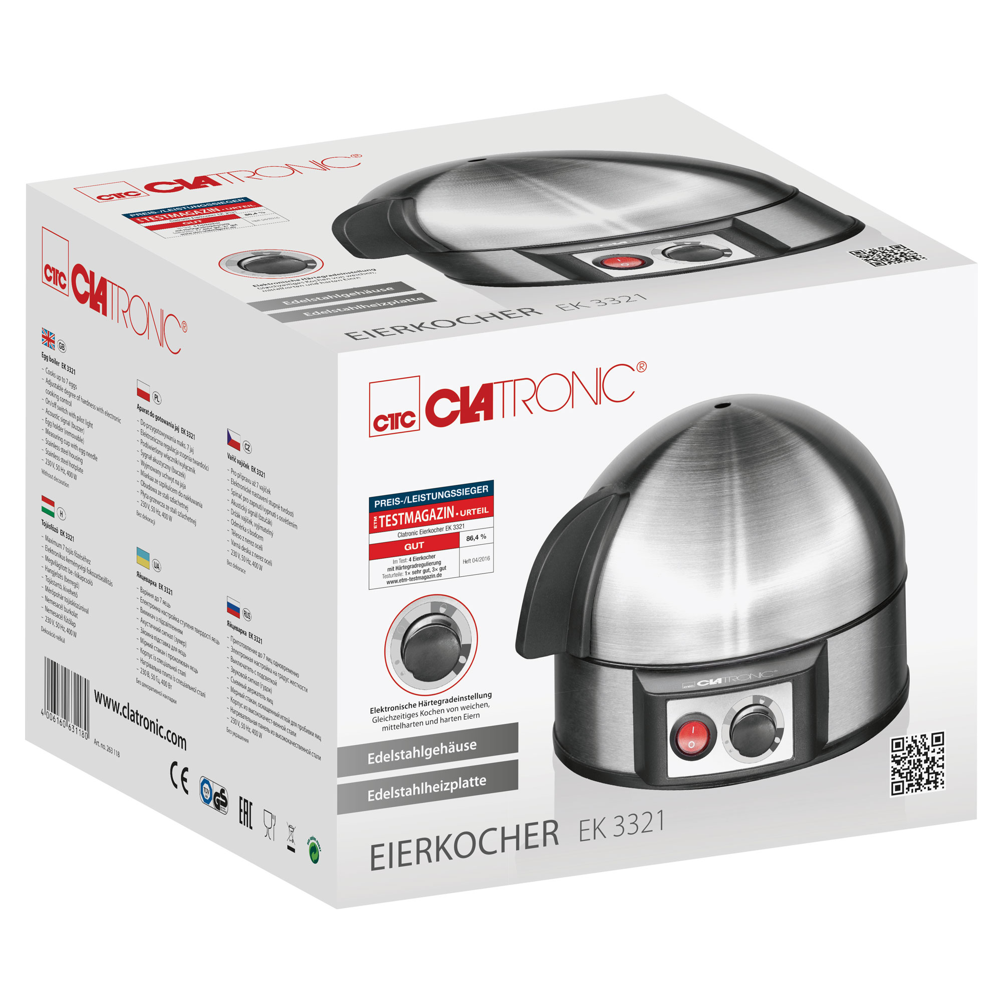 Białe i srebrne pudełko do gotowania jajek z tekstem i urządzeniem do gotowania jajek po prawej stronie.