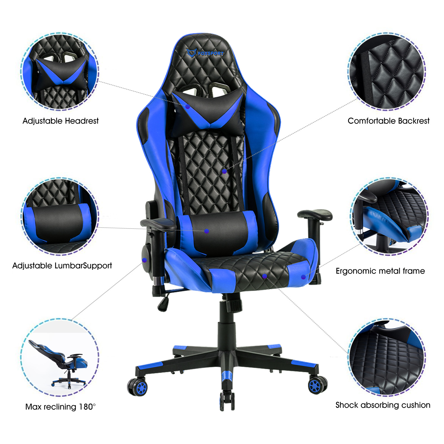 Blau Stuhl, Stuhl Lendenkissen Gaming Kopfstütze FOXSPORT mit Gaming Blau und