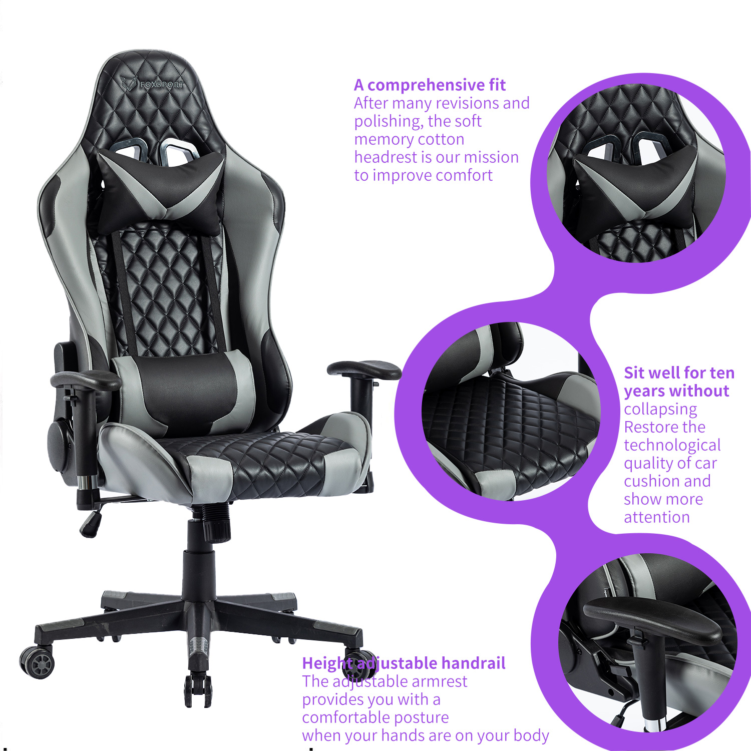 FOXSPORT Gaming mit Stuhl Lendenkissen Gaming Grau Stuhl, Kopfstütze und Grau